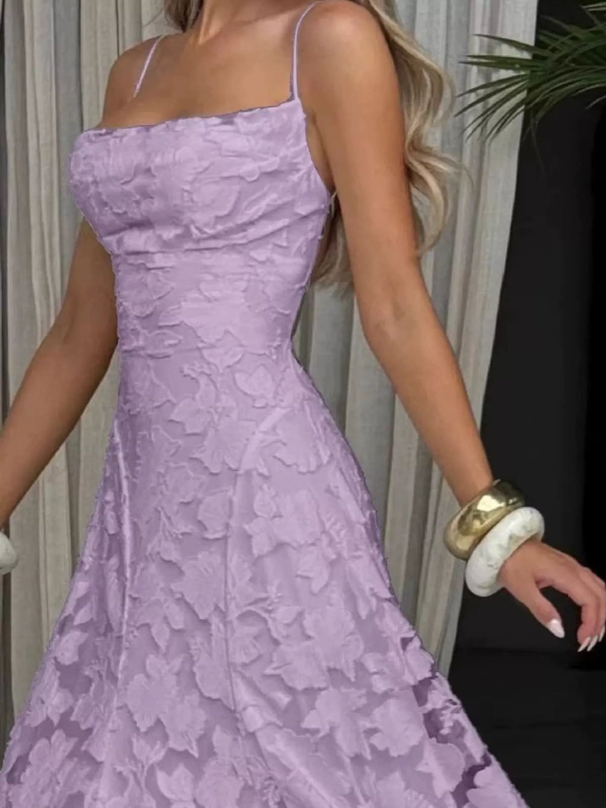 Cowl neck spaghetti-strap maxi dress, construction and design details