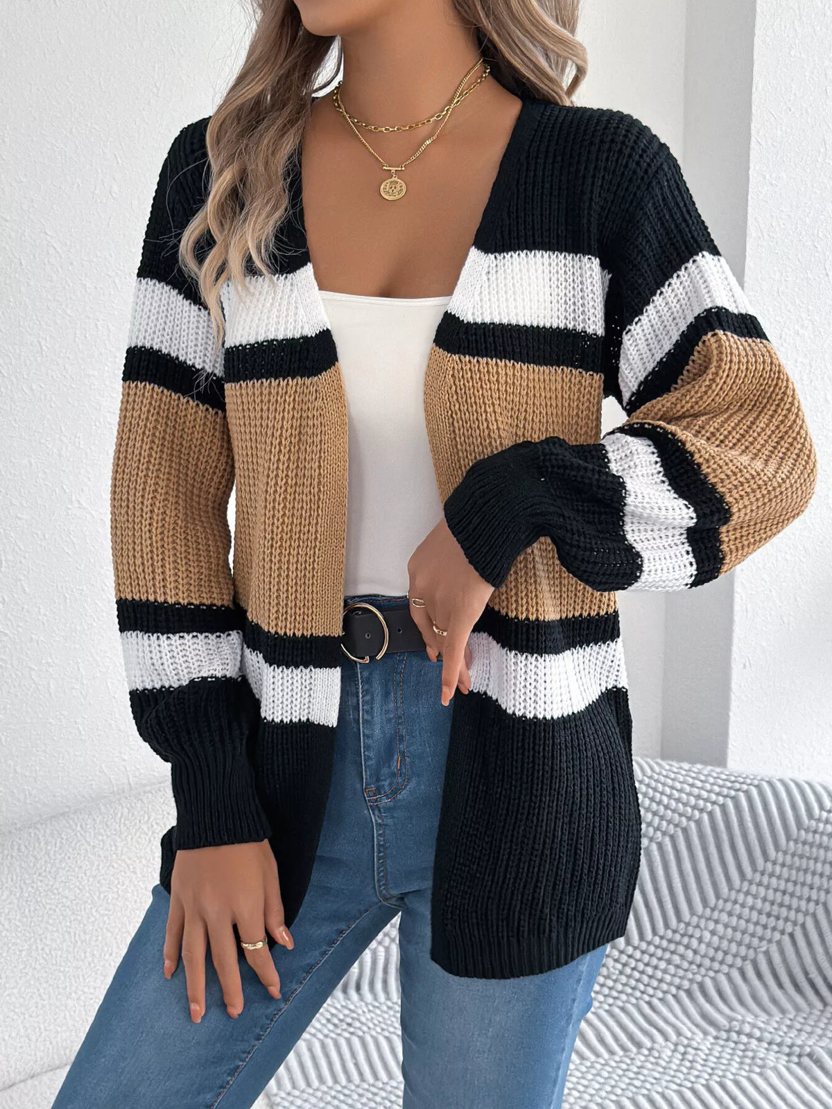 Gray color block open front knit cardigan