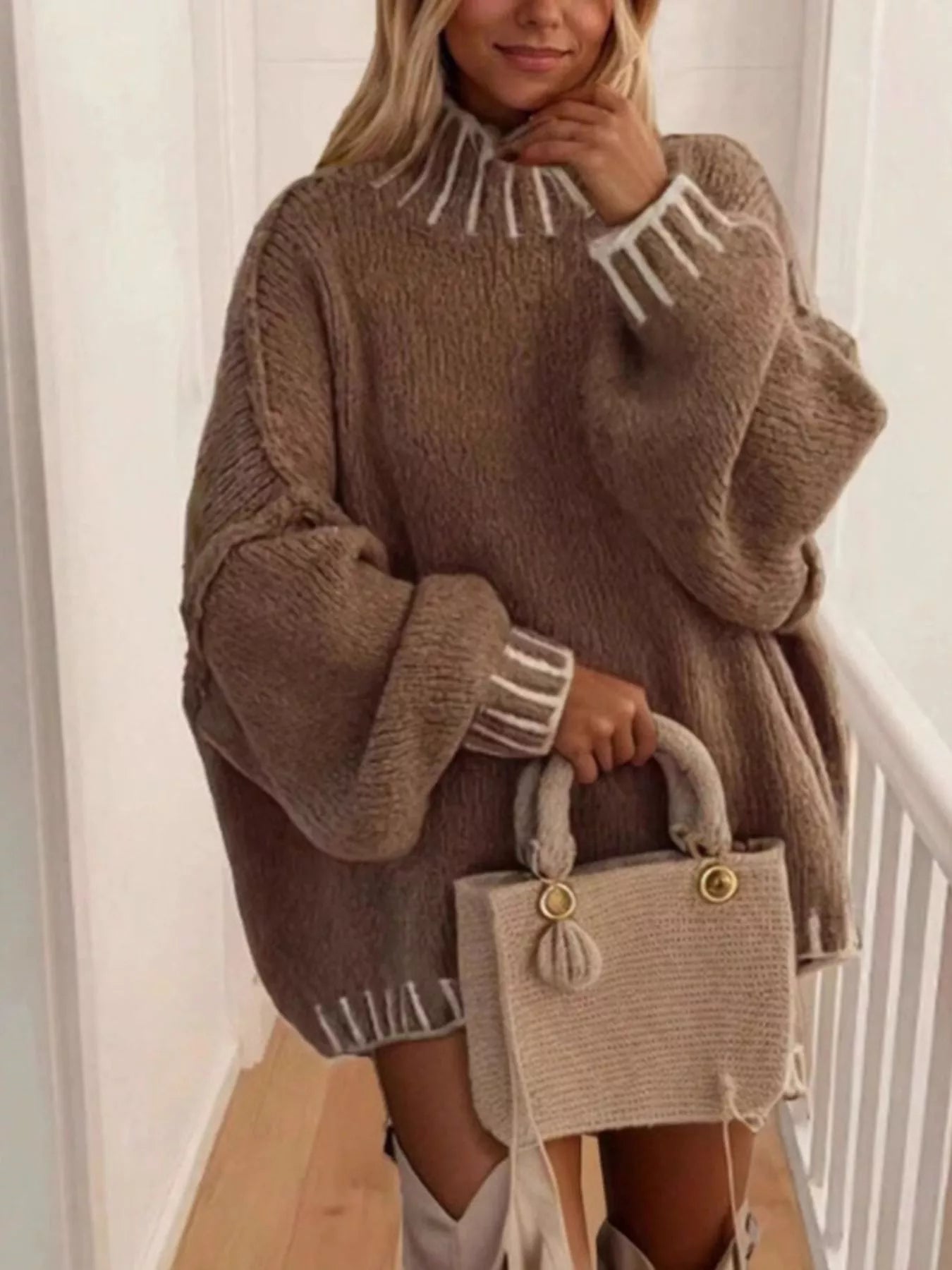Trendsi Contrast Trim Chunky Knit Sweater -