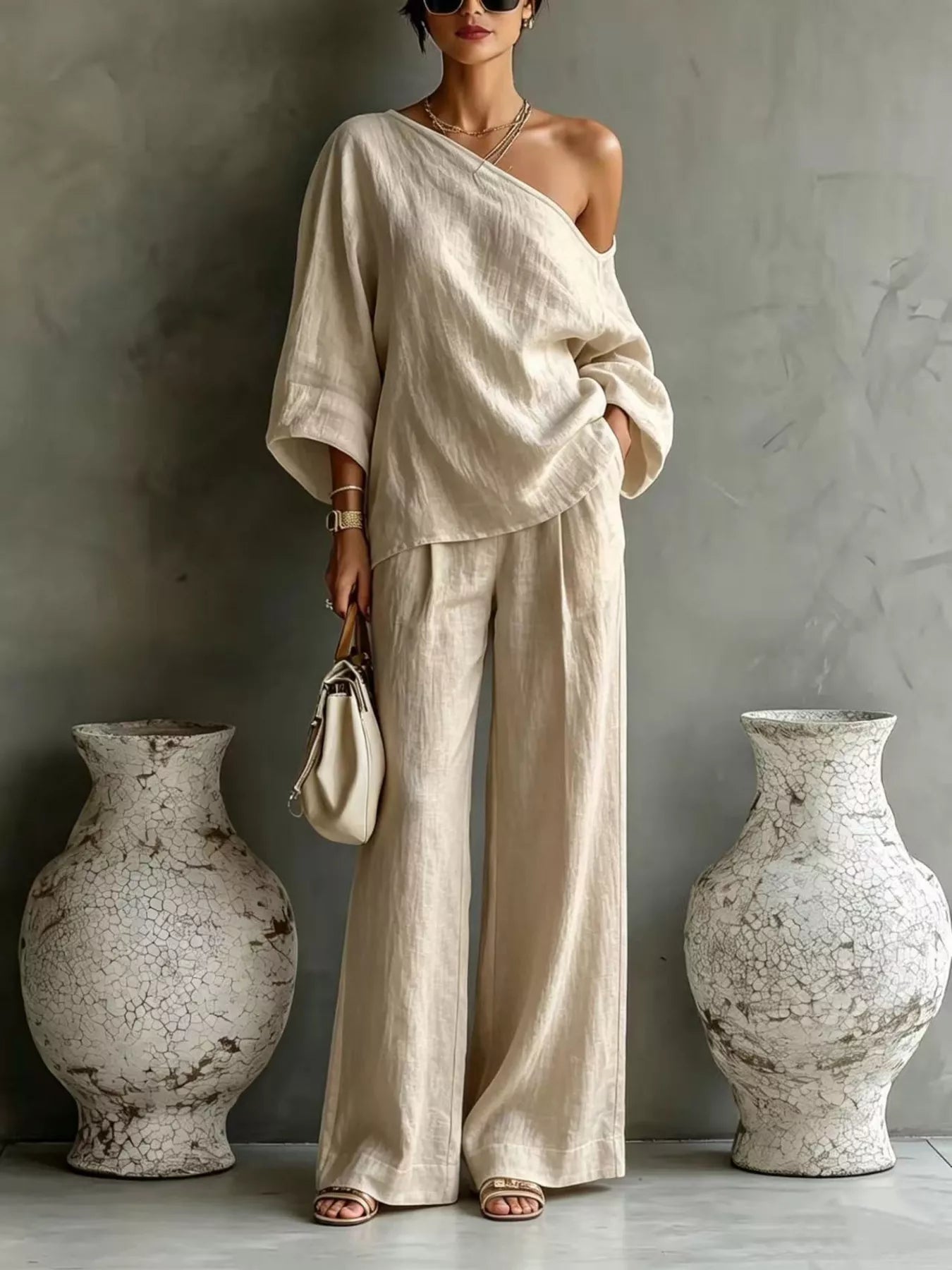 Trendsi One Shoulder Top and Wide Leg Pants Set -