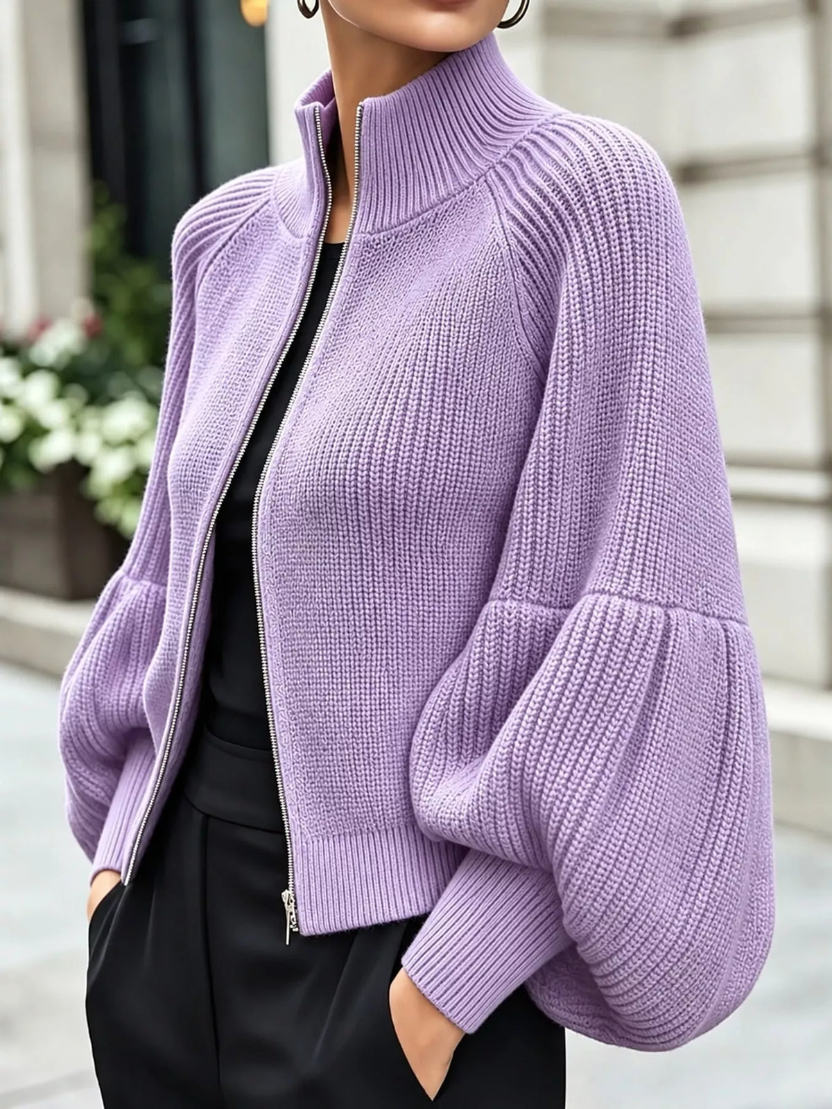 Light Purple ribbed knit zip-up lantern sleeve cardigan