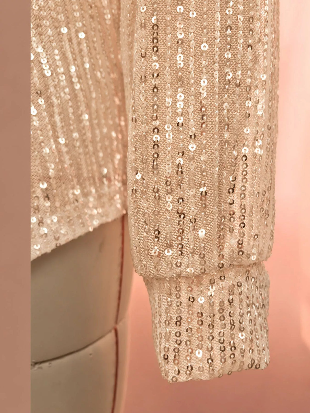 White sequin button up long sleeve shirt, detail view