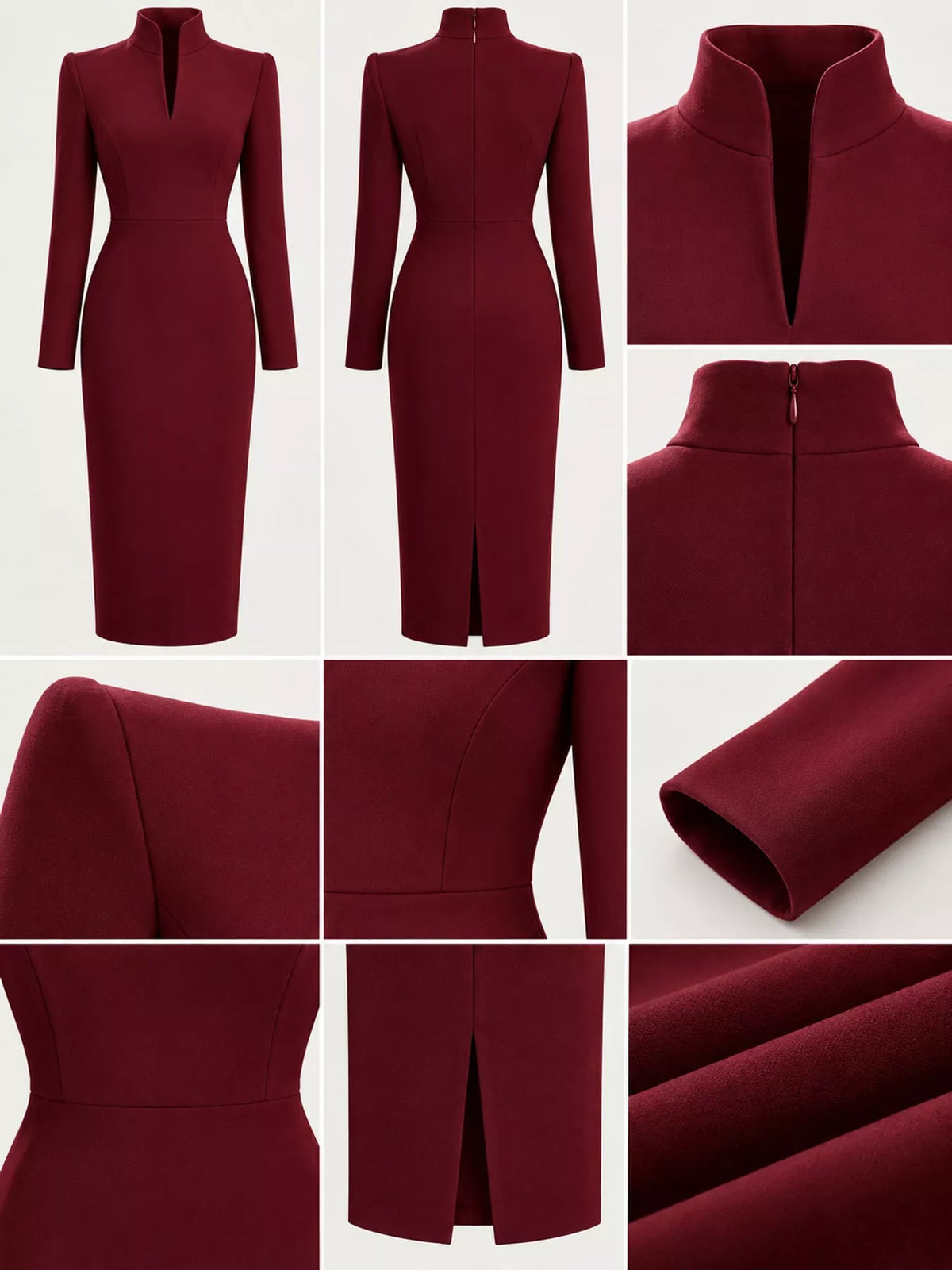 Women's Stand-Collar Long-Sleeve Midi Dress in burgundy — detail collage view