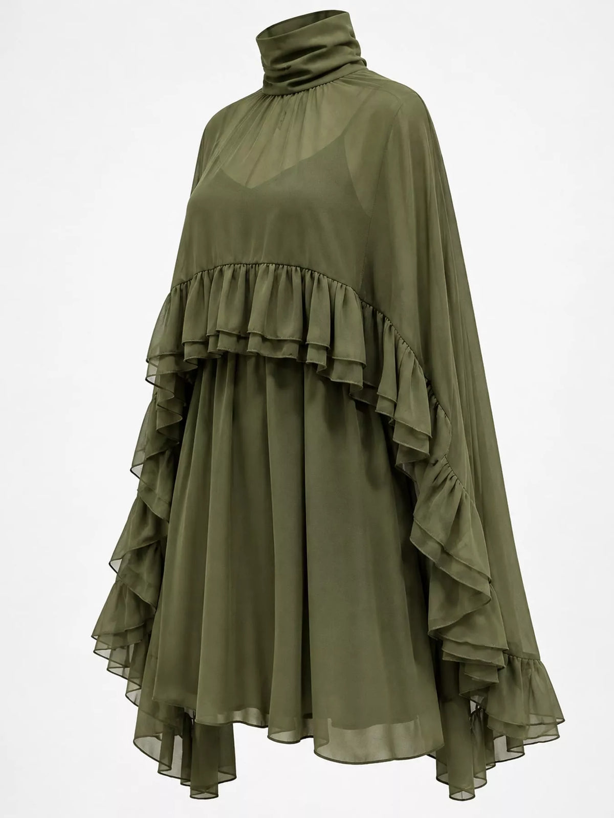 Green ruffled cape and cami dress set, front view