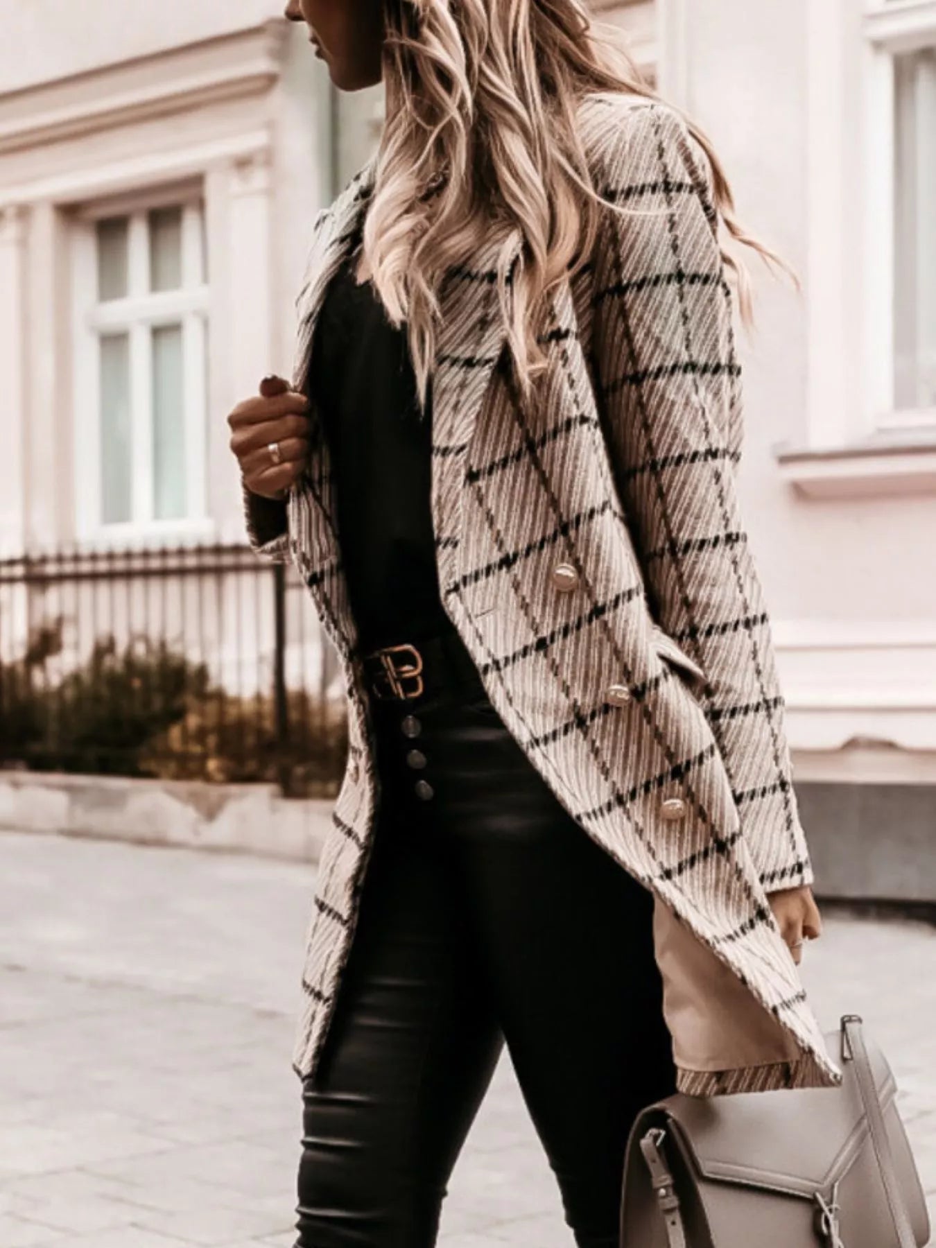 Trendsi Plaid Tweed Double-Breasted Coat -