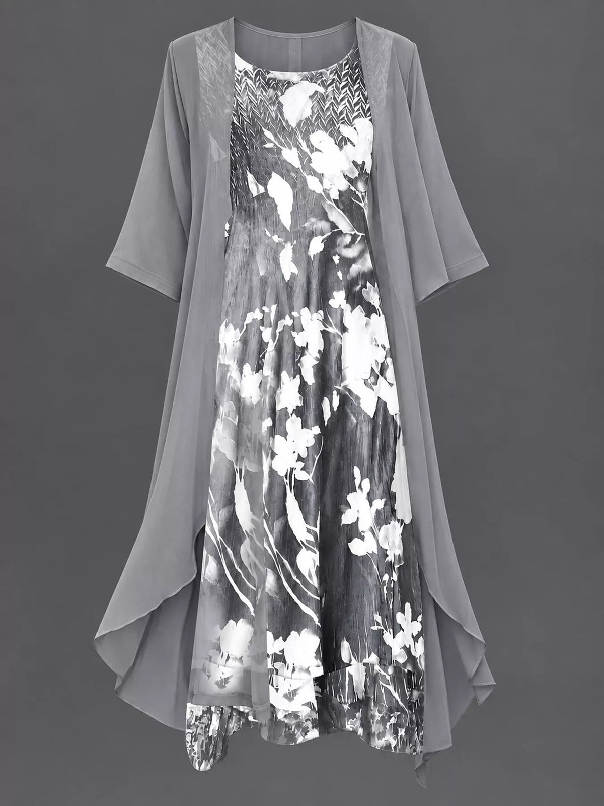 Floral dress and cardigan set, gray flat set