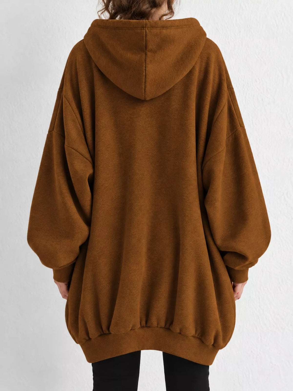 Coffee drawstring zip-up oversized hoodie, back view