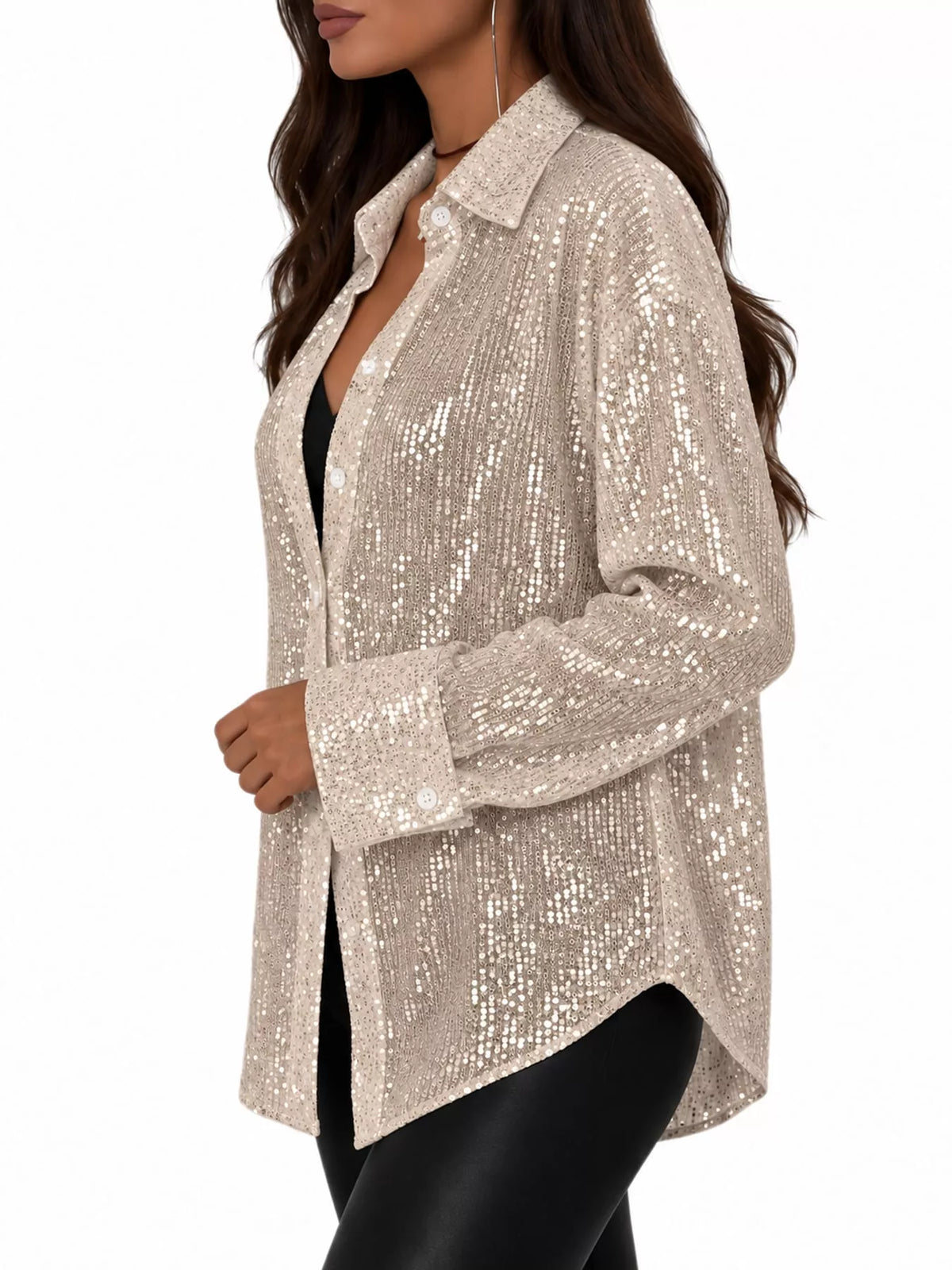 Apricot Silver sequin button up long sleeve shirt