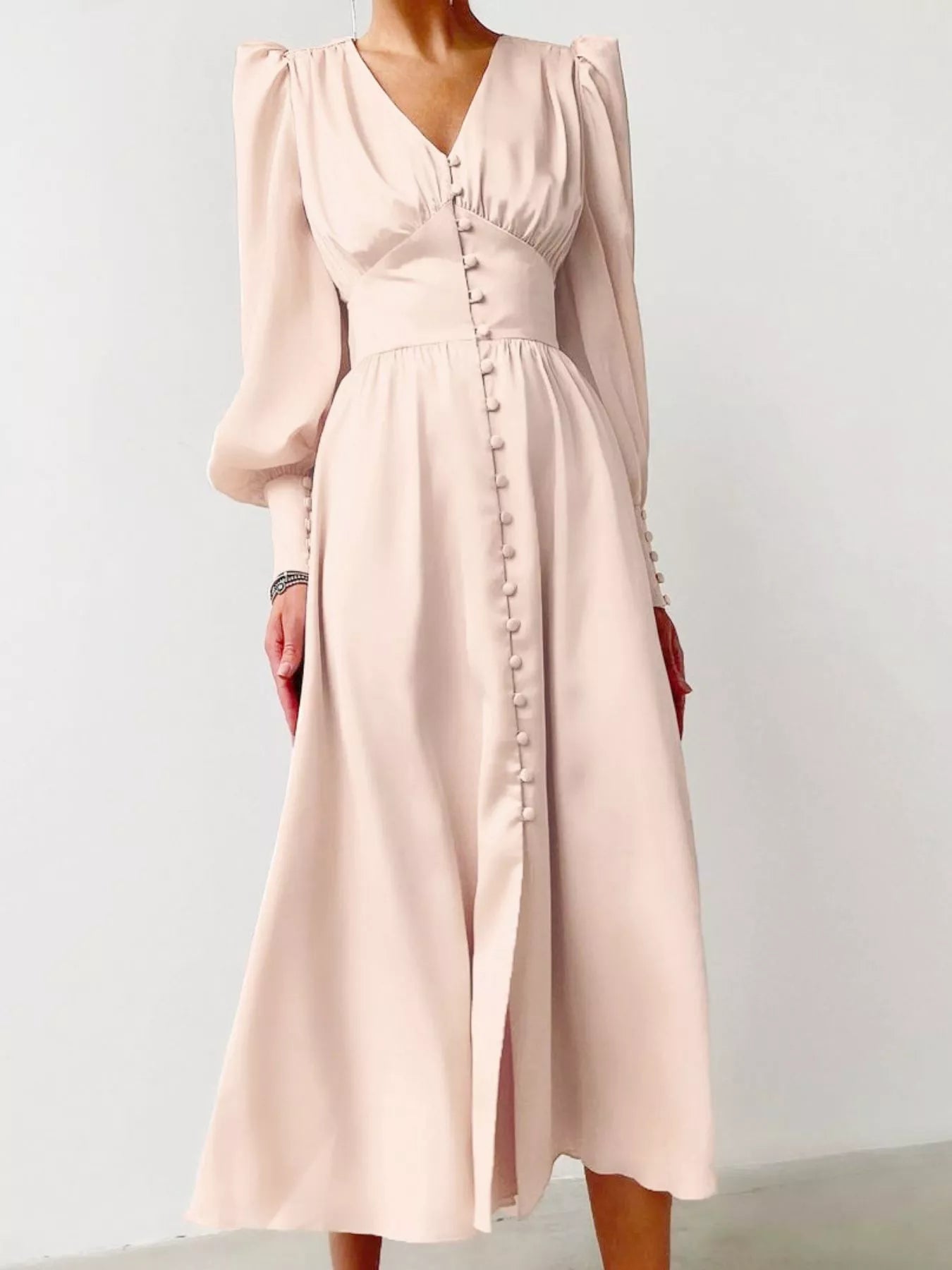 Trendsi V-Neck Lantern Sleeve Midi Dress -