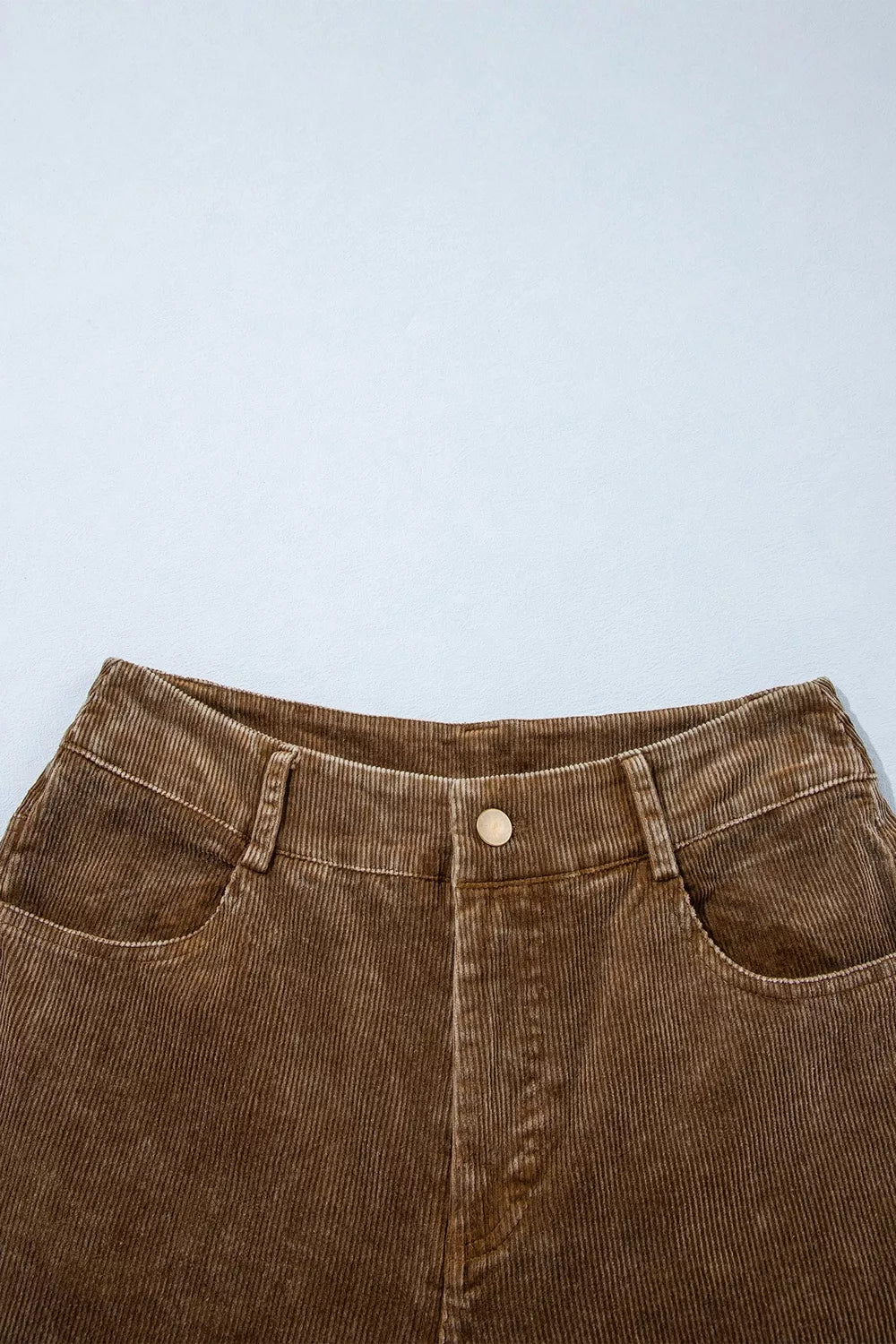 Women's Straight Leg Corduroy Metal Button Zip-up Pants in Taupe, close-up detail