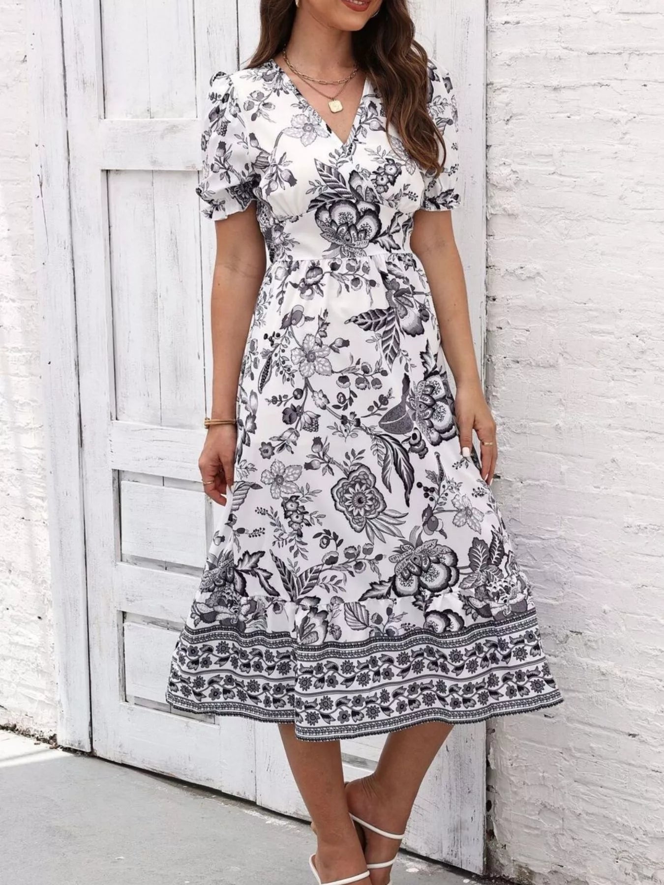 Trendsi Floral Print Puff Sleeve Wrap Midi Dress -