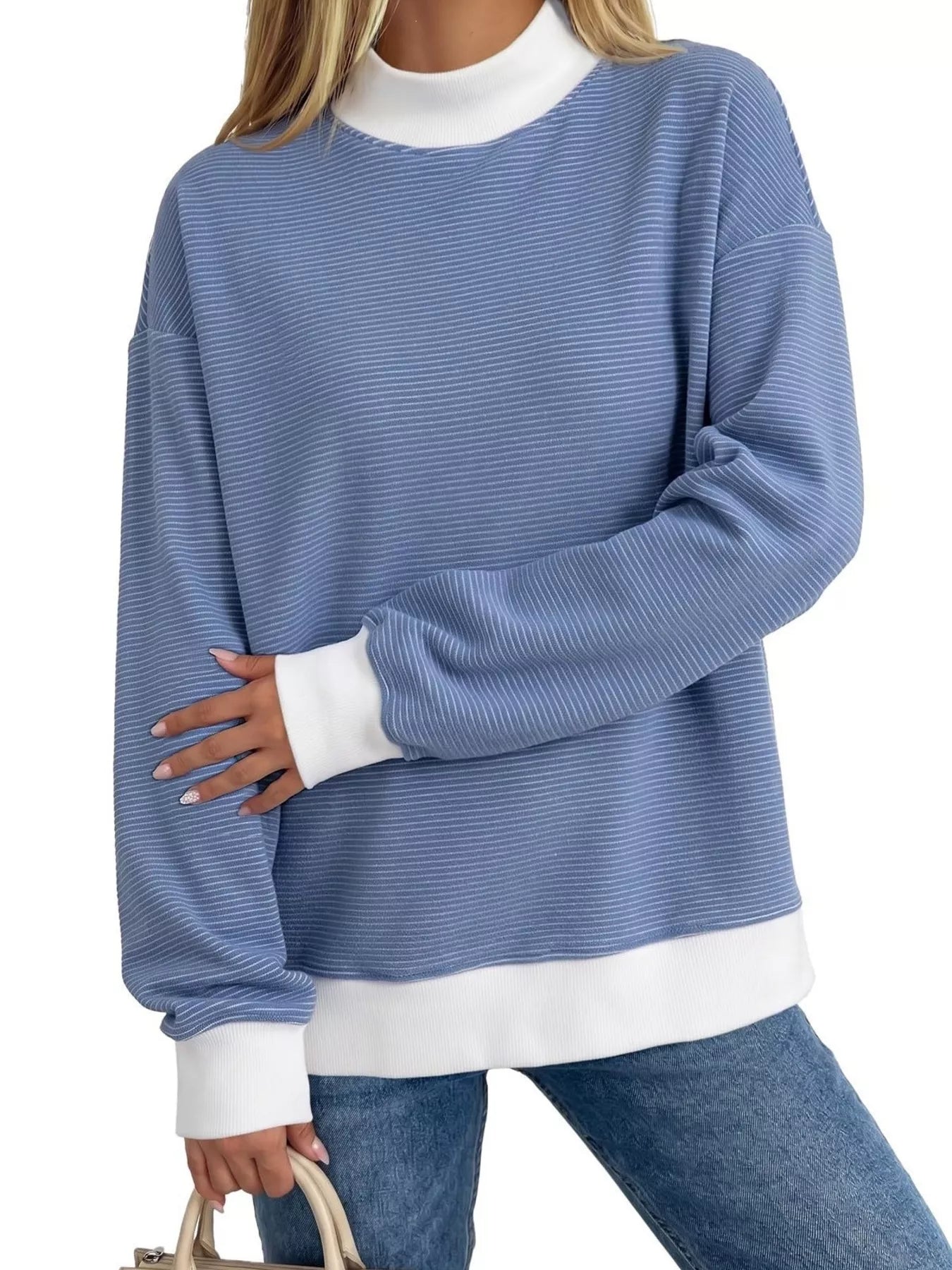 Trendsi Casual Mock Neck Striped Long Sleeve T-Shirt -