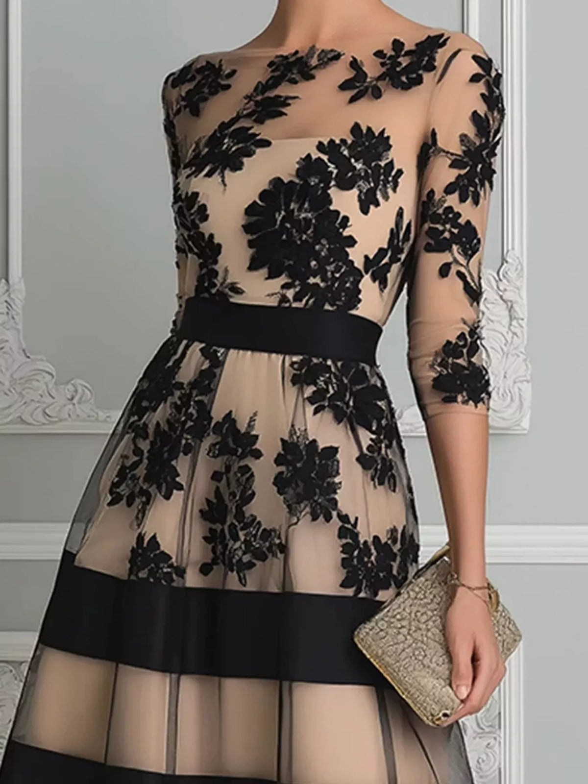 Beige and black floral tulle midi dress with black horizontal trim