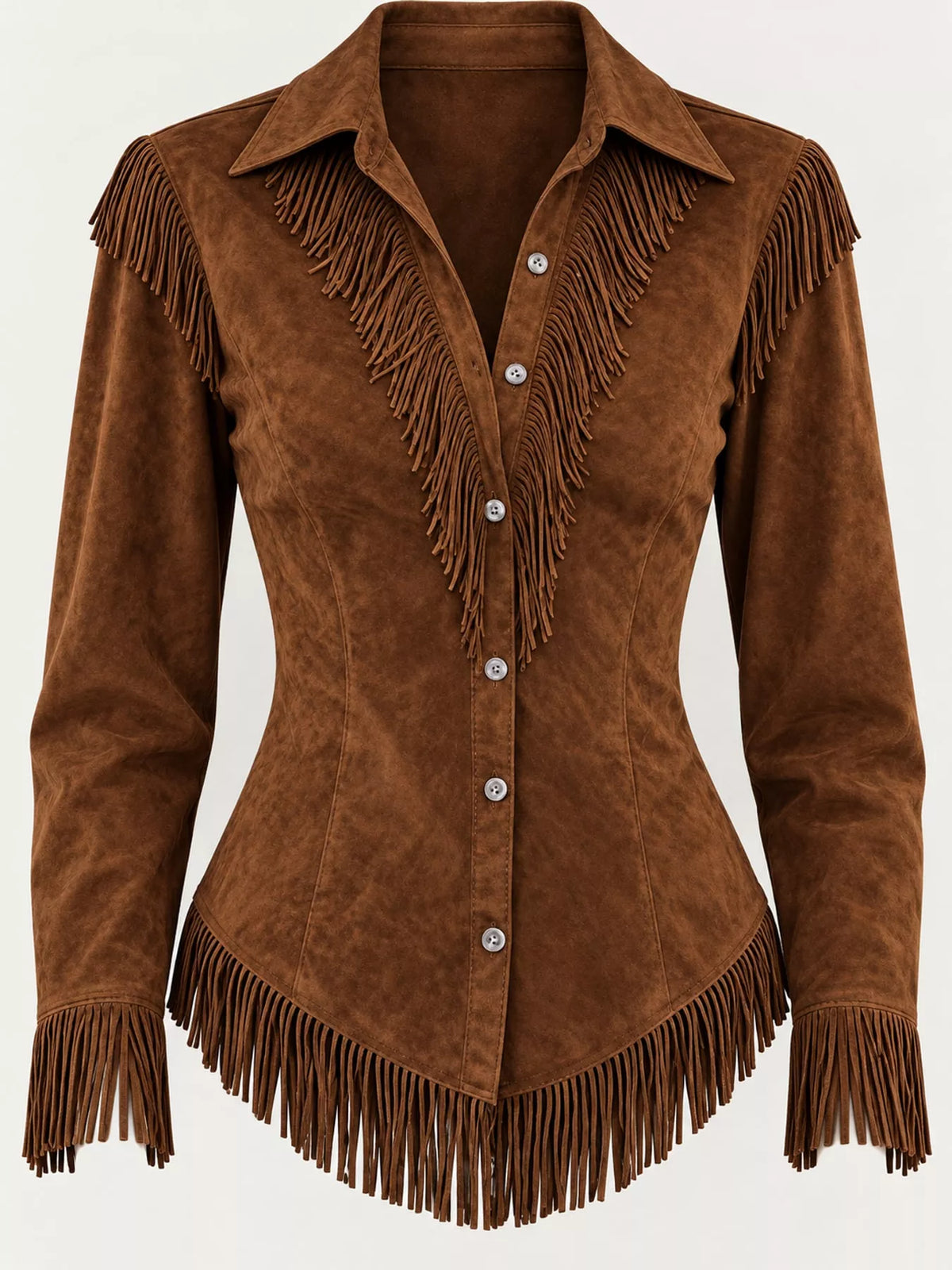 Fringe-detail shirt, brown fringe detail