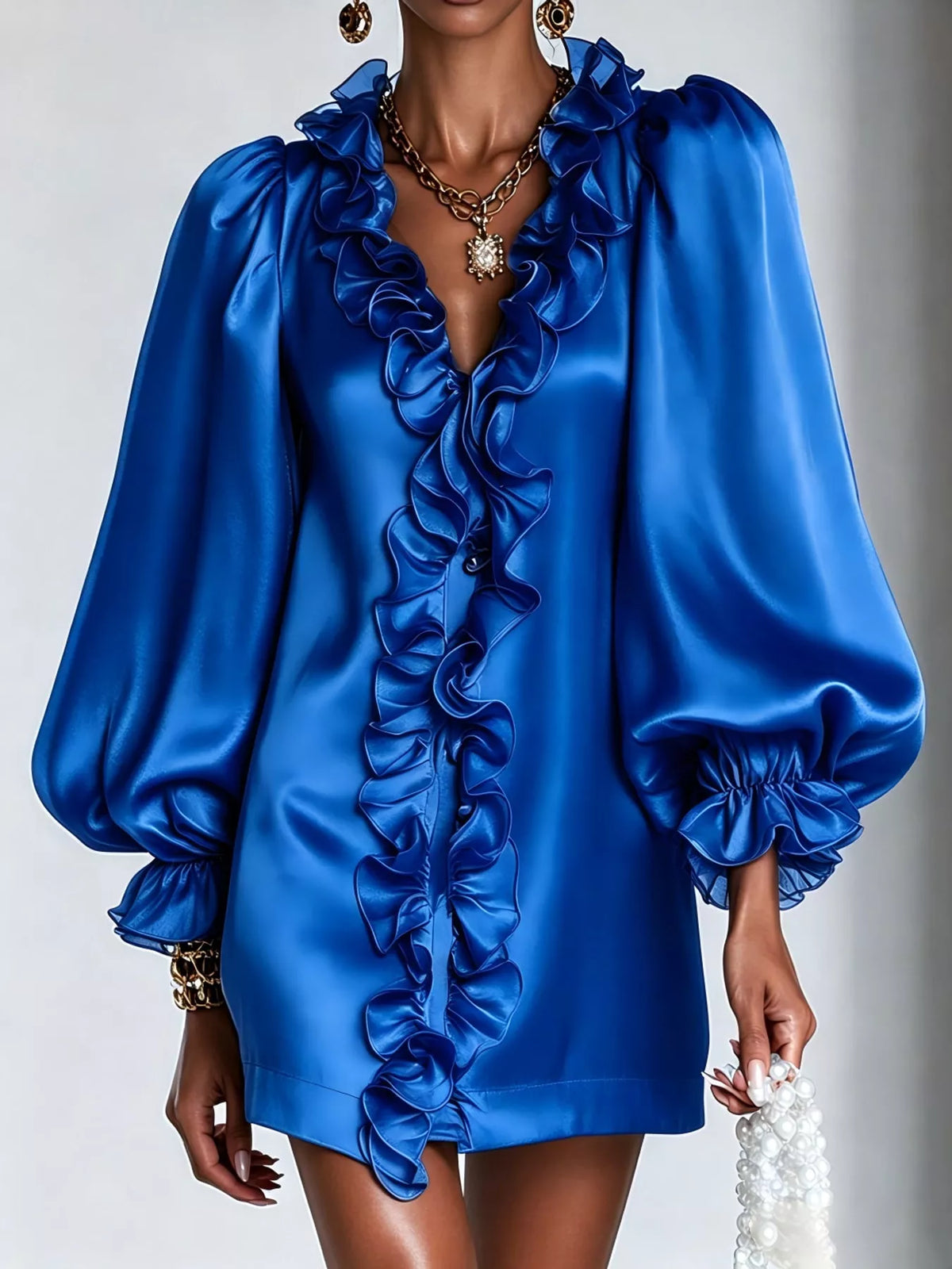 Ruffle Trim Puff Sleeve Mini Dress in royal blue, front view