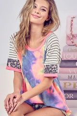 Trendsi BiBi Tie Dye French Terry Top With Stripe Raglan -