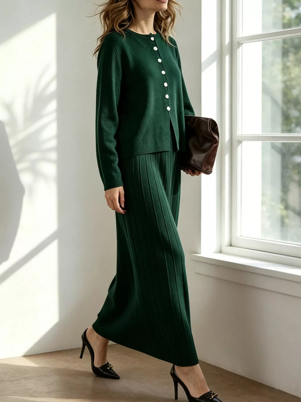 Green cardigan and skirt set