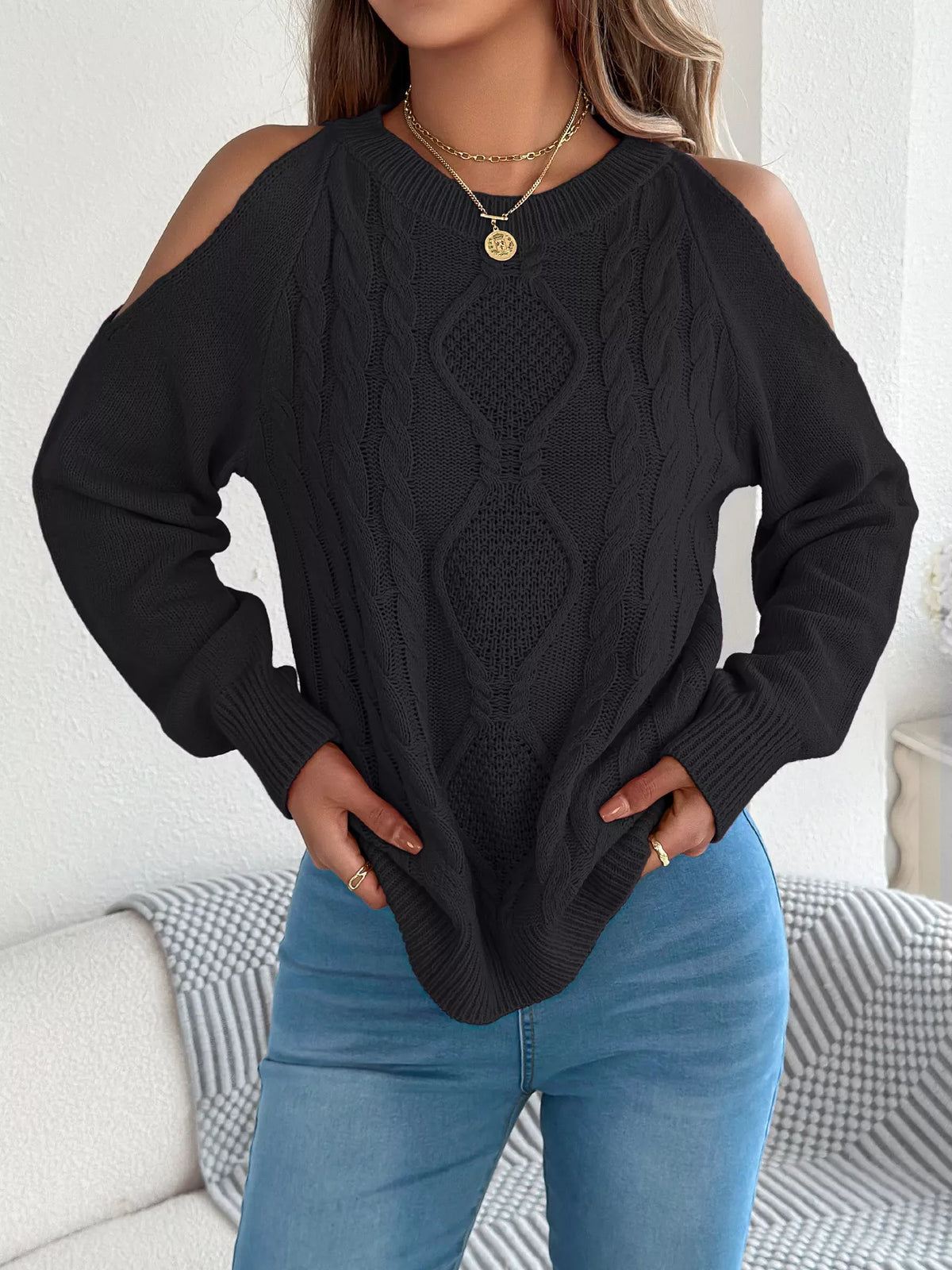 Black cold shoulder cable knit sweater
