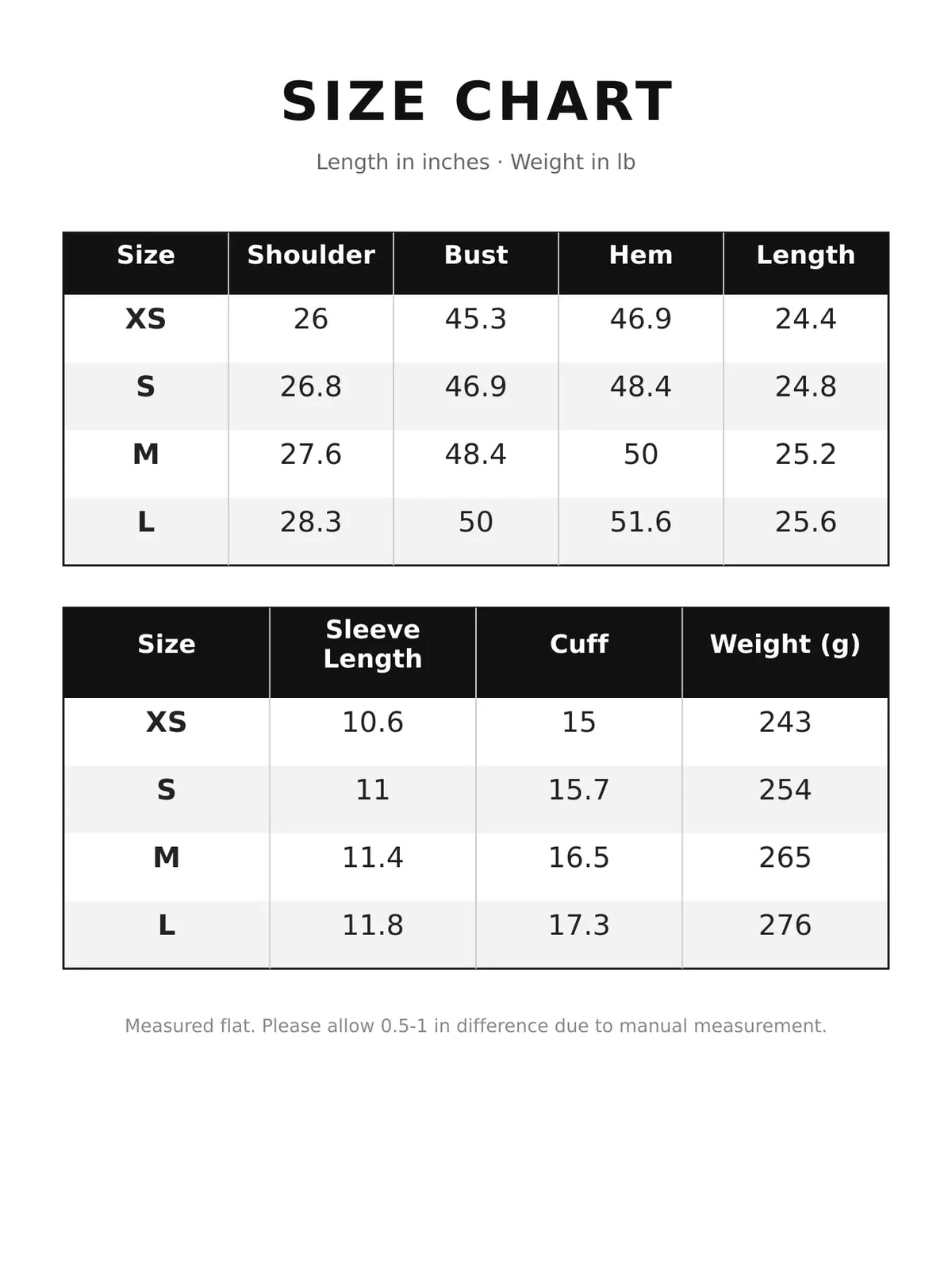 Size chart for button-up three-quarter sleeve shirt