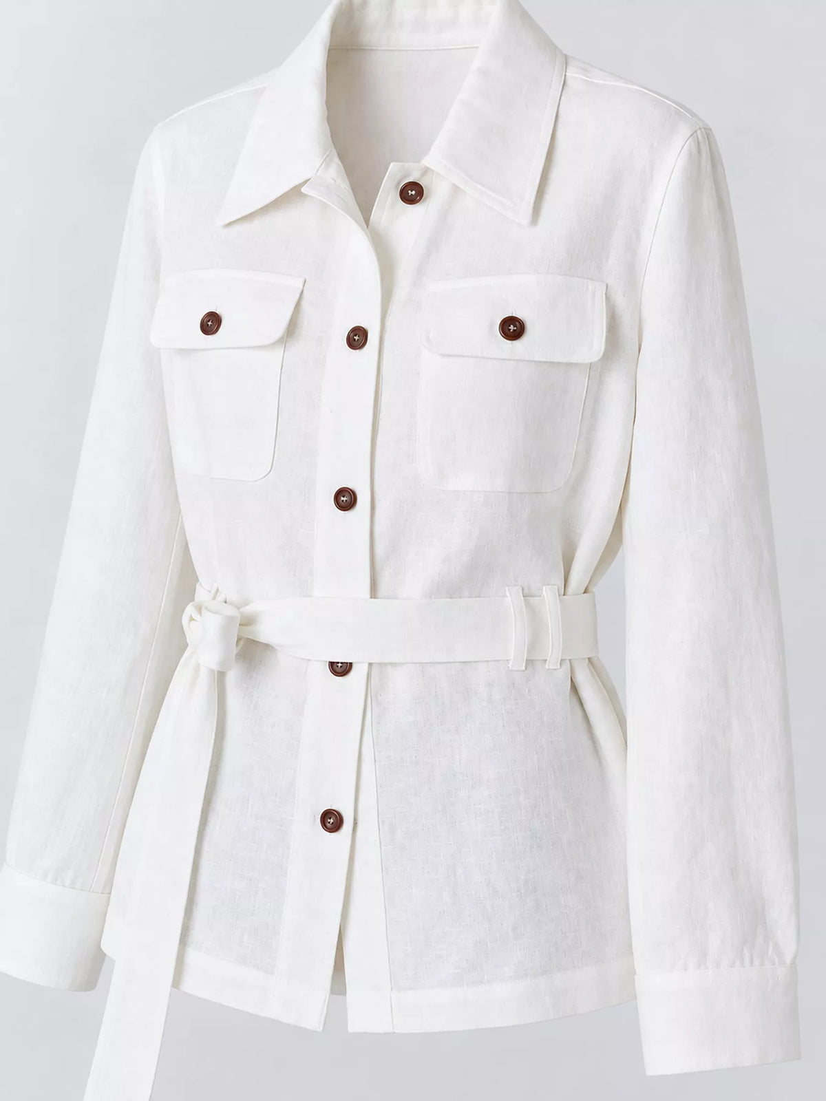 Belted shacket, white belt and pocket detail