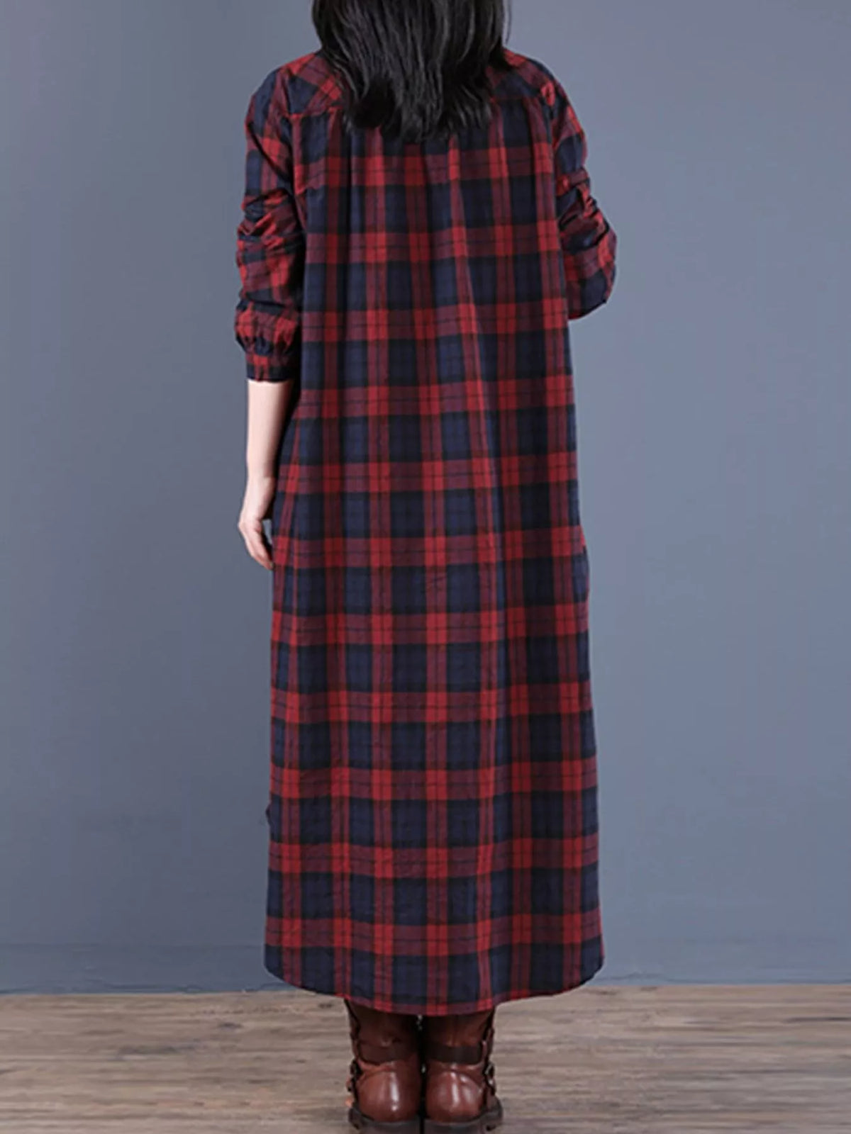 Vintage Plaid Long Sleeve Button-Down Maxi Dress, back view in red and navy blue