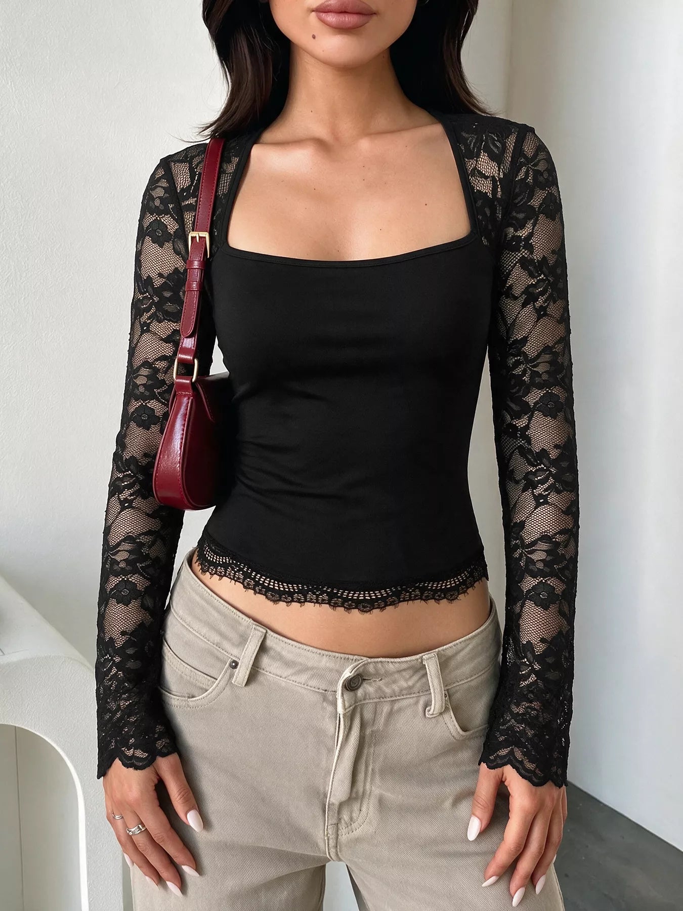 Trendsi Lace Sleeve Square Neck Top -