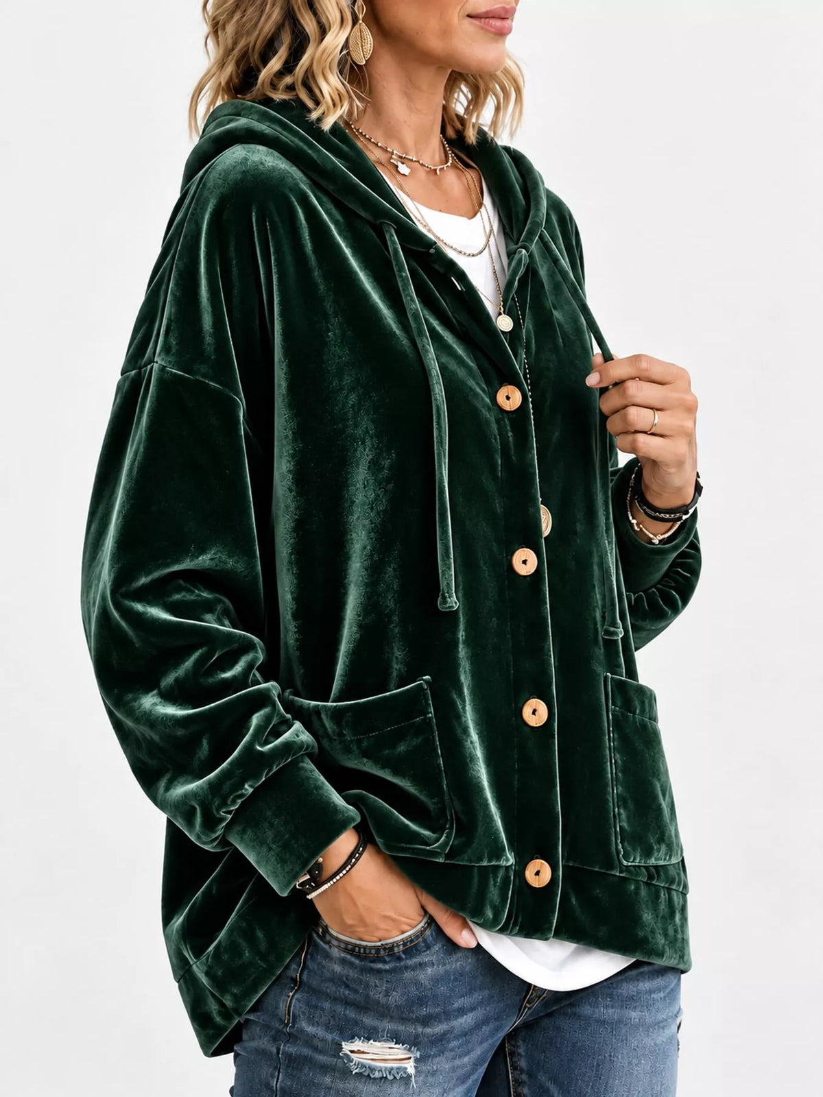 Green velvet dropped shoulder hoodie, front view