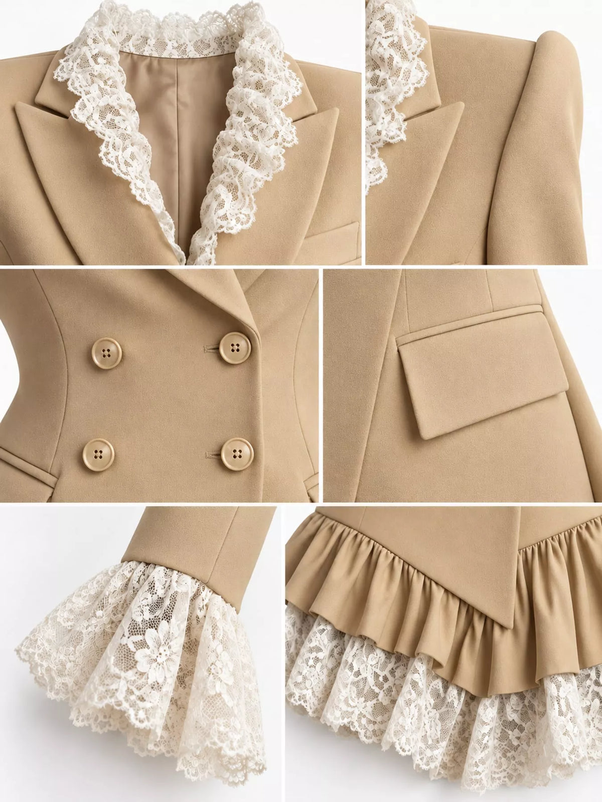 Beige lace trim blazer dress, detail view