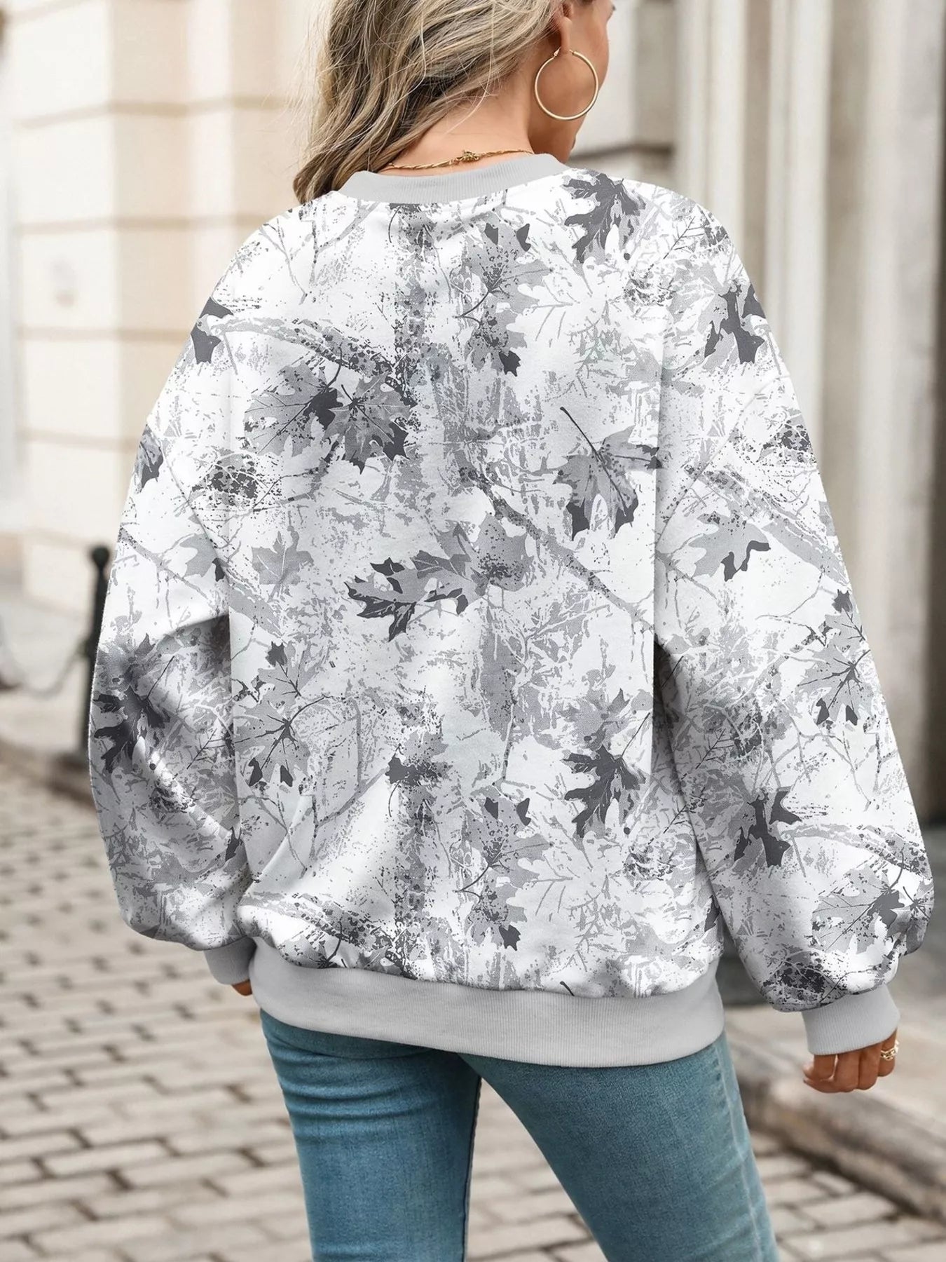 Trendsi Leaf Print Sweatshirt with Contrasting Trim -