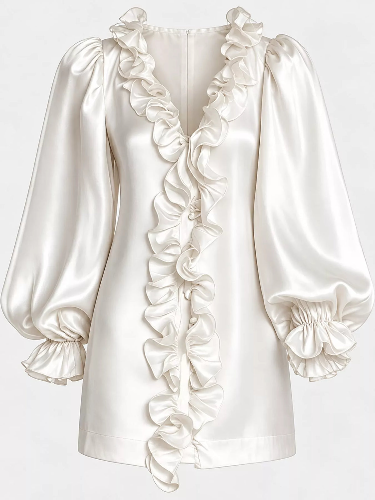 Ruffle Trim Puff Sleeve Mini Dress in white, front view