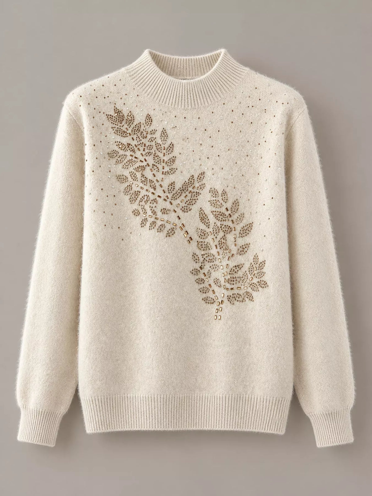 Rhinestone Leaf Mock Neck Sweater — garment front