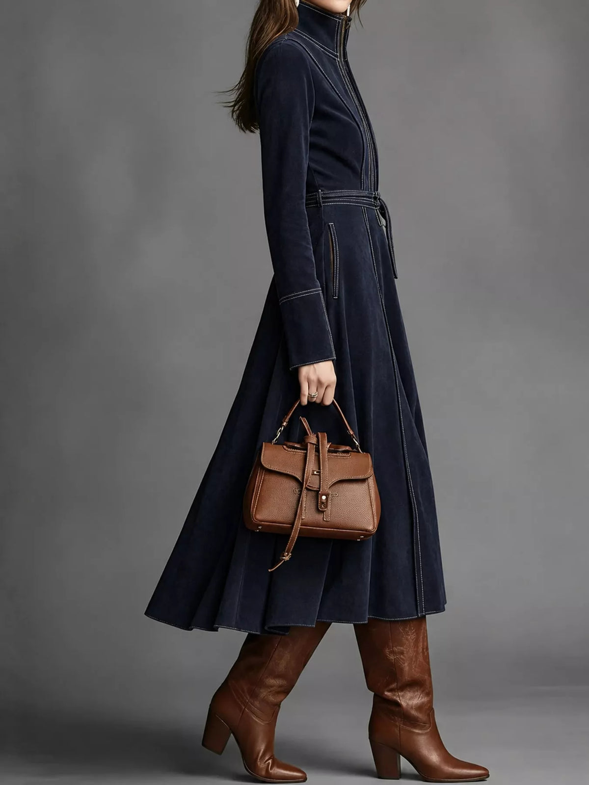 Navy zipper front midi dress, side view