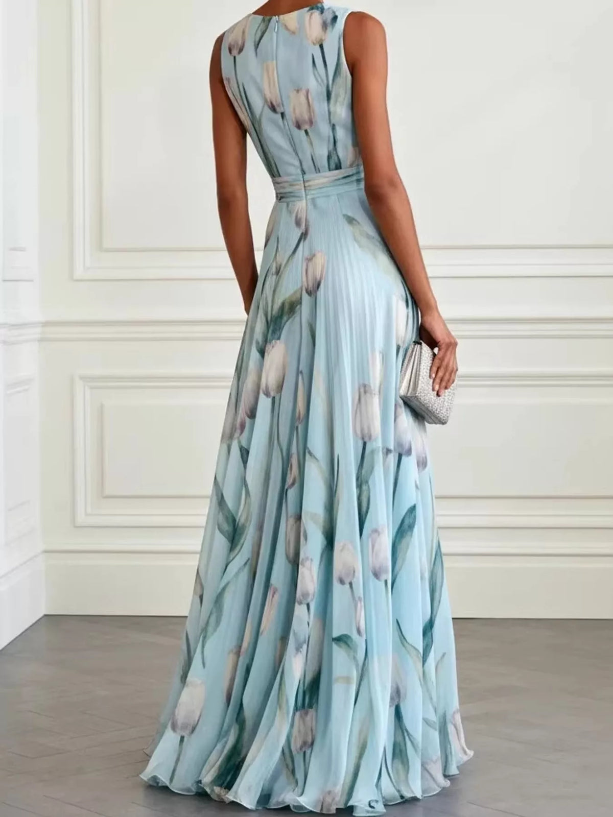 Women's Sleeveless Floral Print Maxi Dress in blue floral — back view
