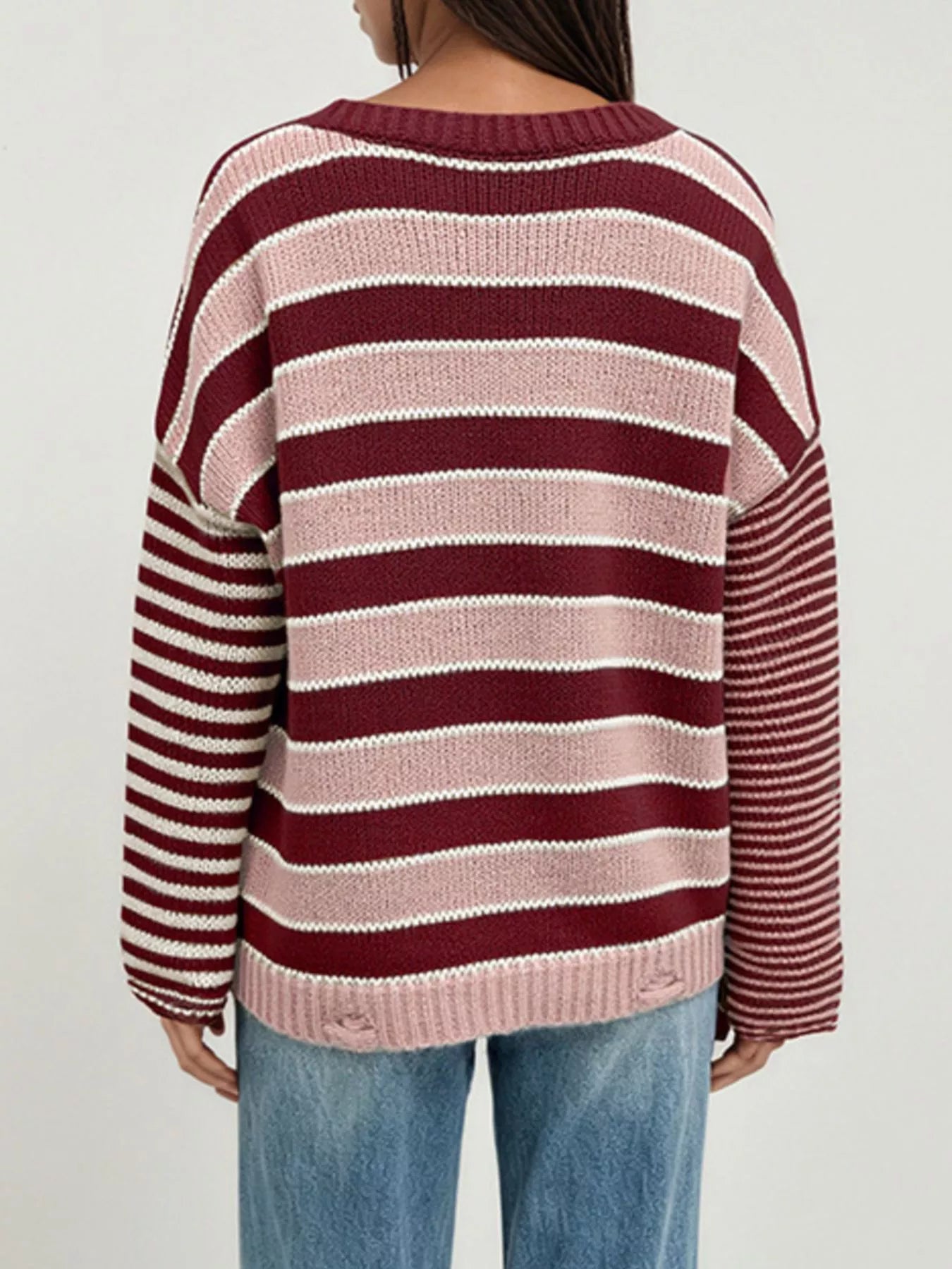 Trendsi Oversized Striped Distressed Sweater -