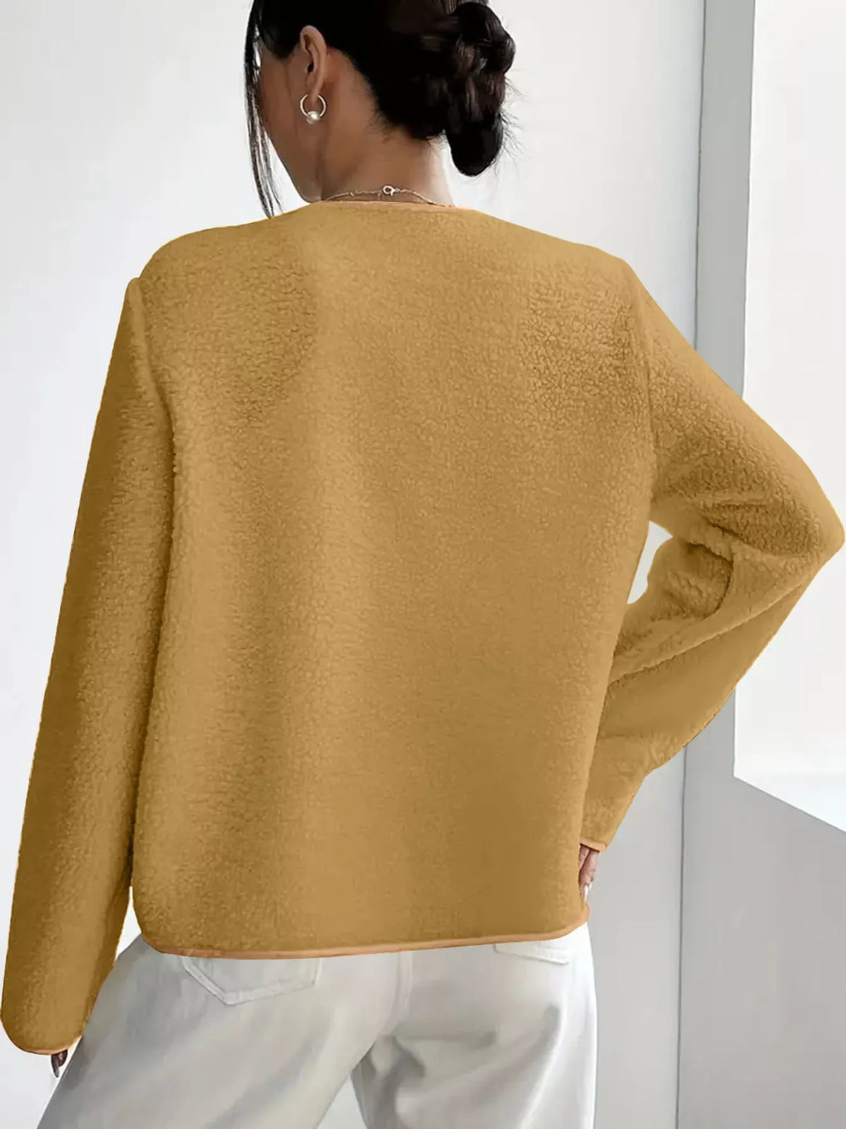 Mustard textured button-front jacket — back view