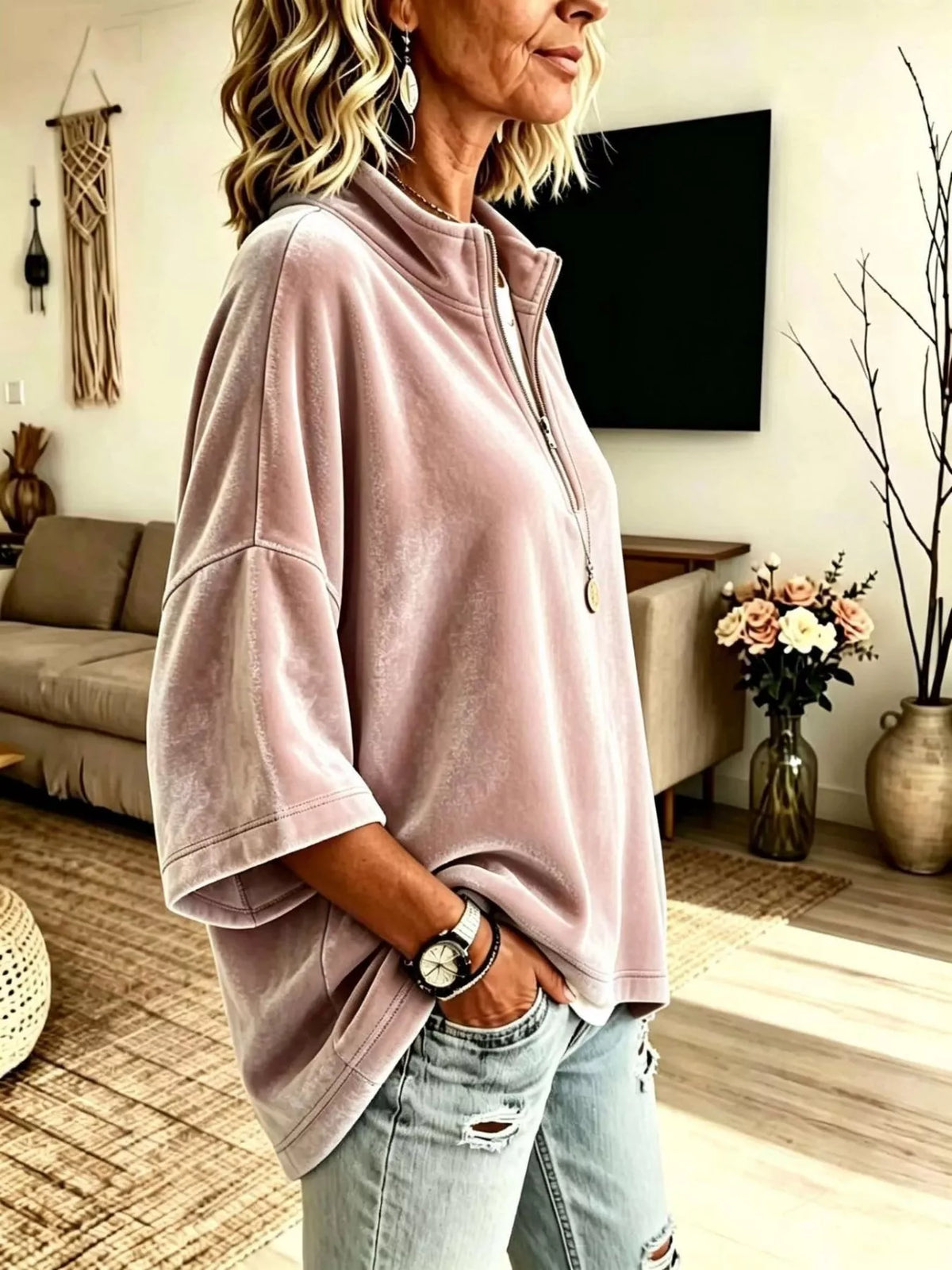 Trendsi Full Size Velvet Quarter-Zip Sweatshirt Plus Size -