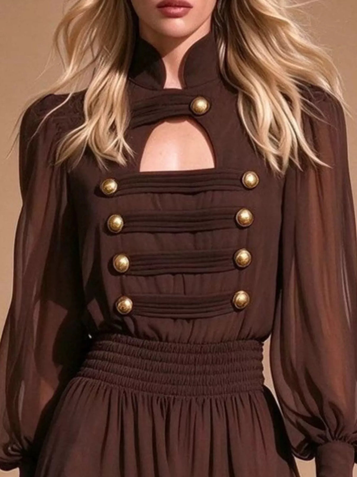 Brown ruffled chiffon mini dress, button bodice detail