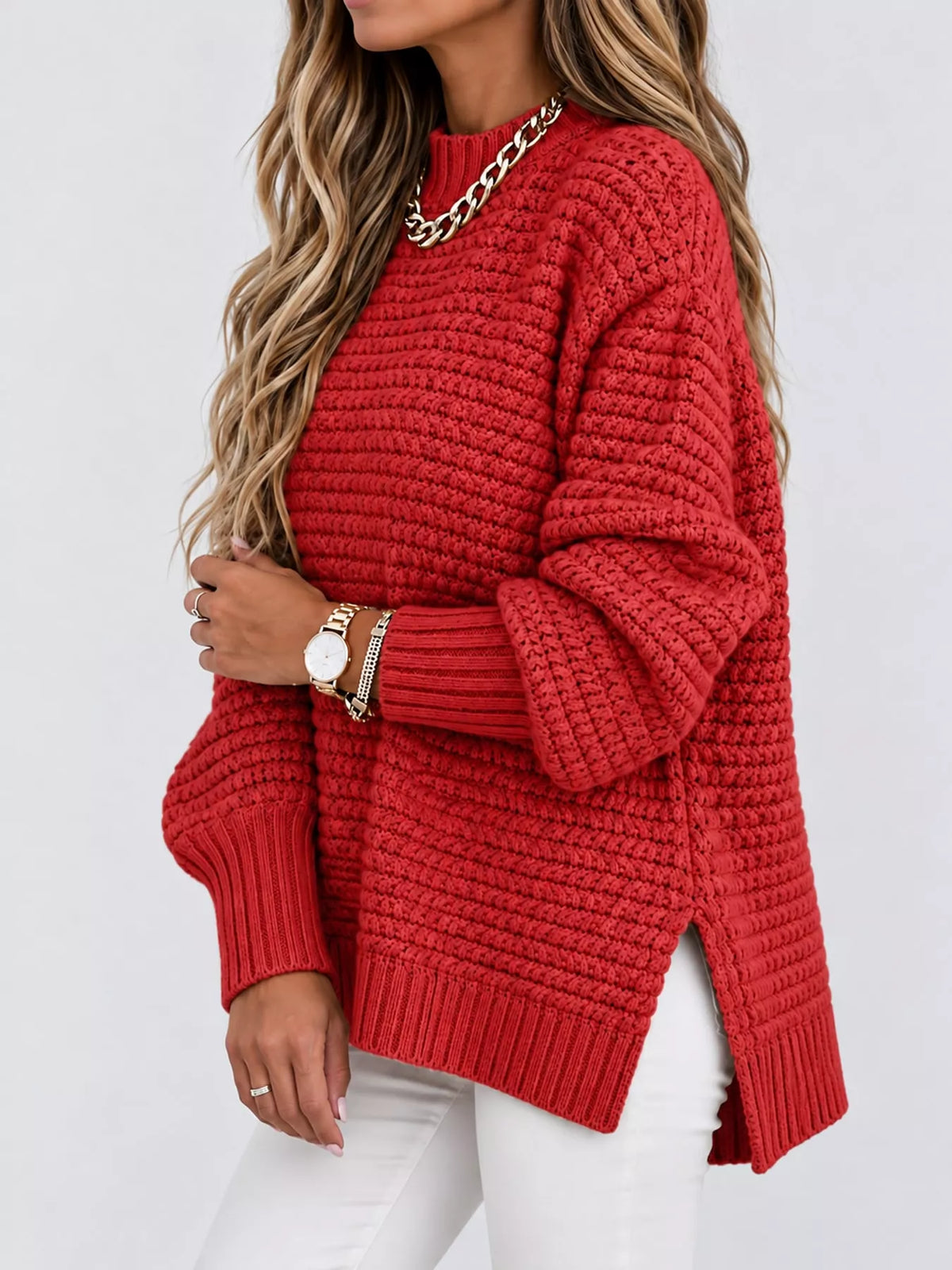 Round neck long sleeve sweater, front view on model