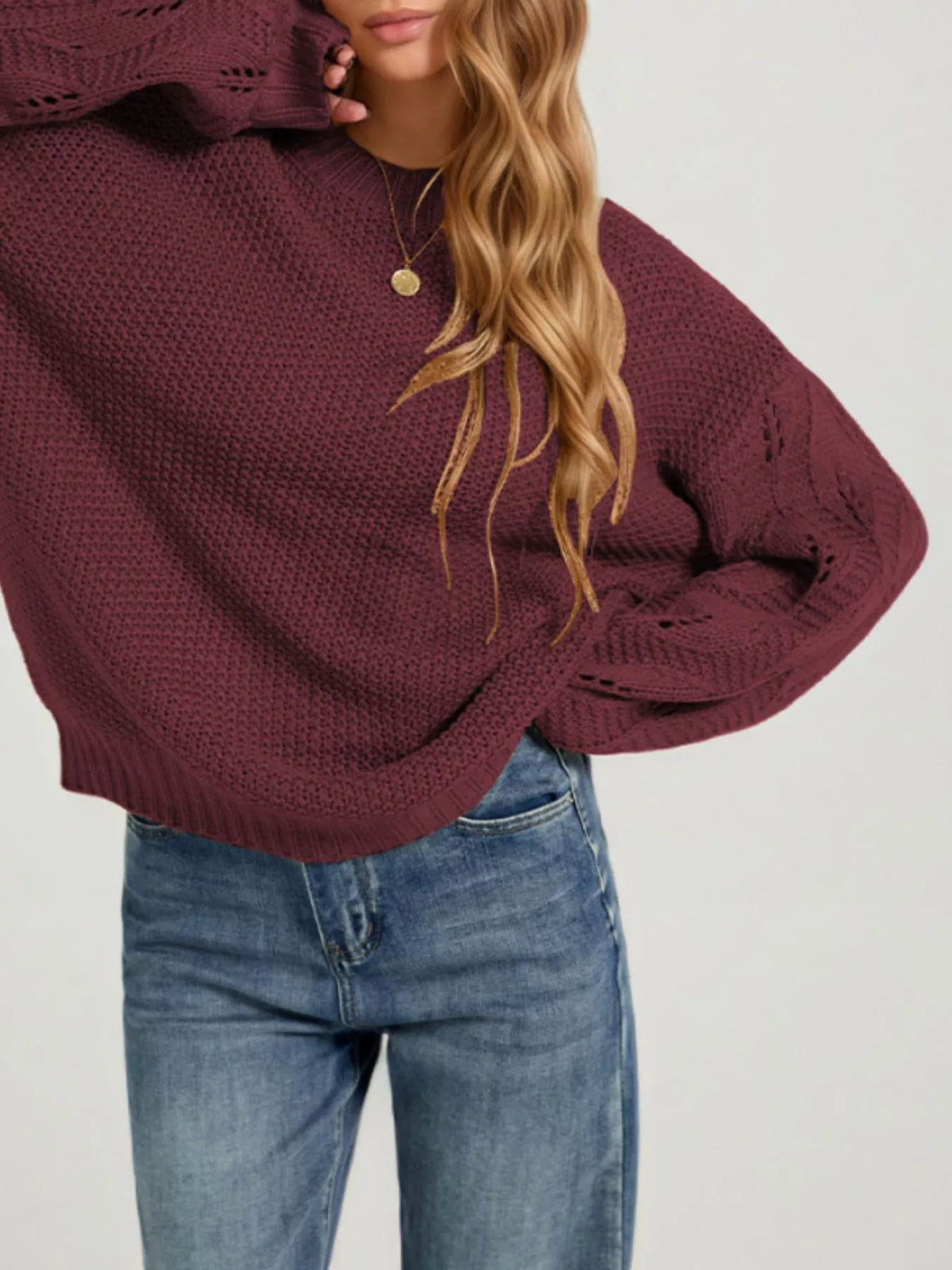 Trendsi Textured Knit Openwork Dropped Shoulder Sweater -