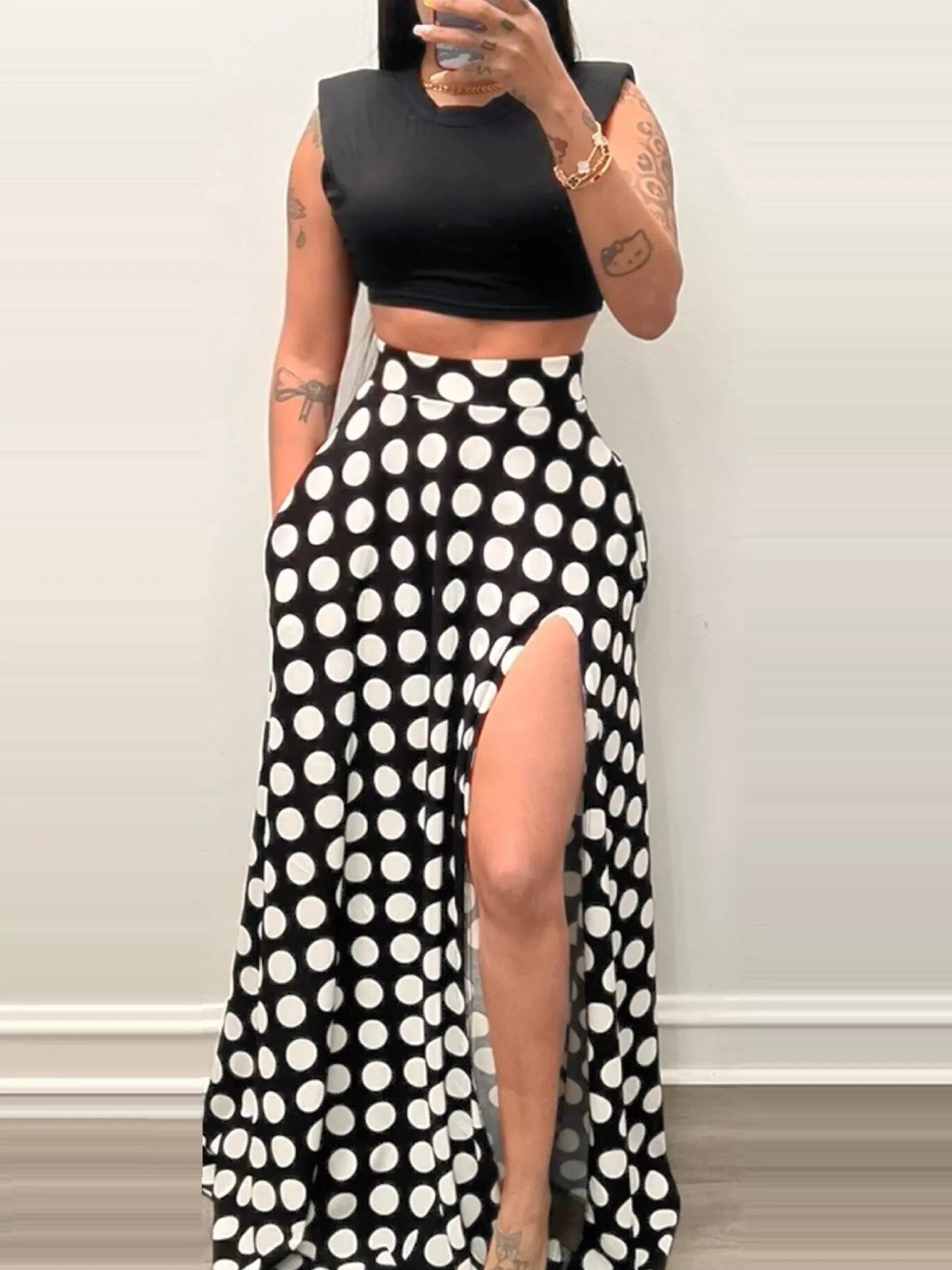 Trendsi Polka Dot High Slit Maxi Skirt -