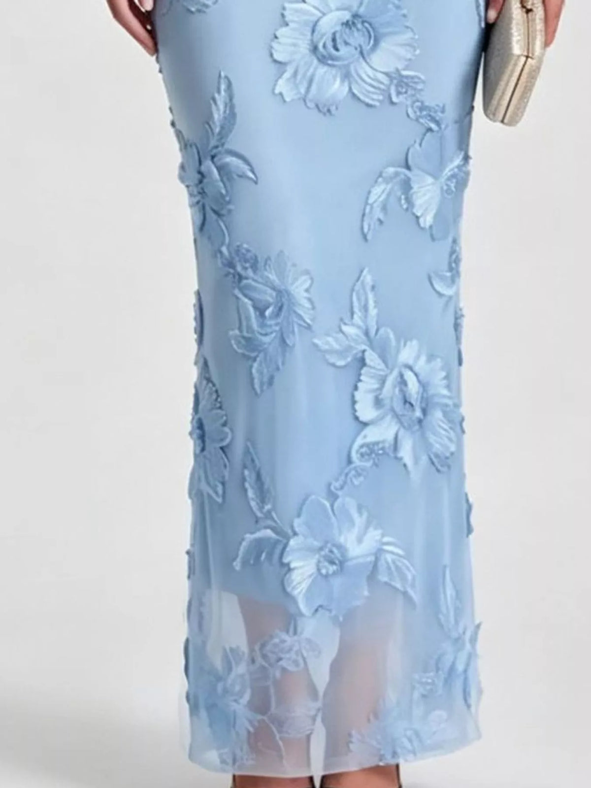Blue floral one-shoulder maxi dress, sheer hem detail