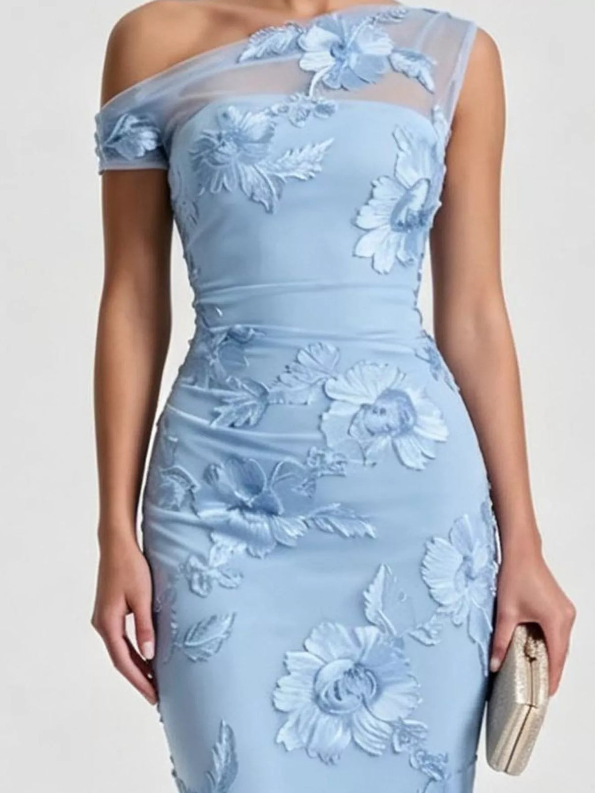 Blue floral one-shoulder maxi dress, bodice detail
