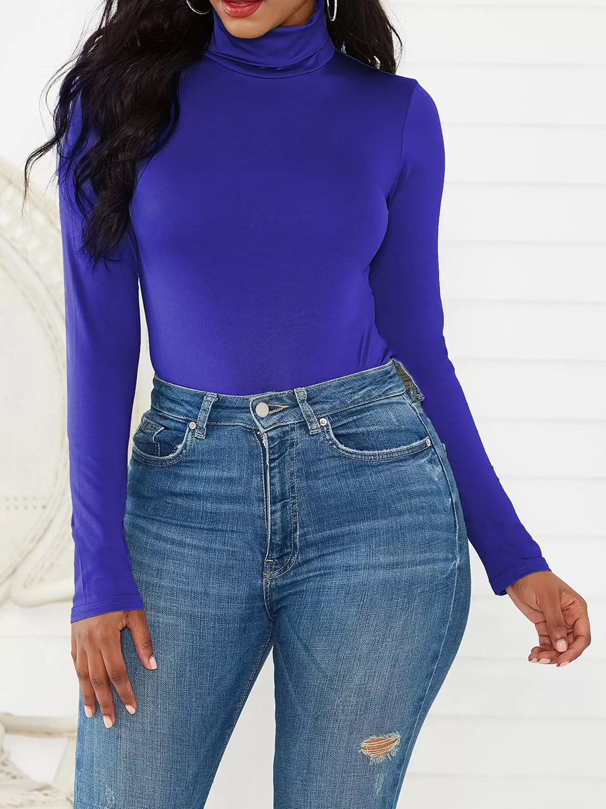 Long Sleeve Turtleneck Slim-Fit Bodysuit in royal blue