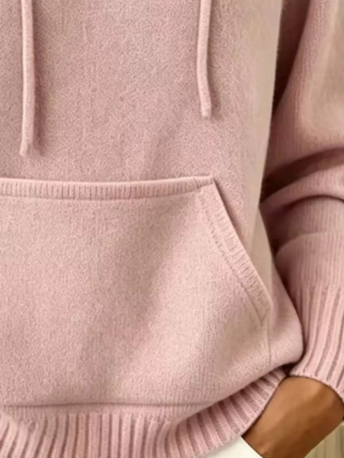 Women's Drawstring Kangaroo Pocket Hooded Sweater in pink — pocket detail view