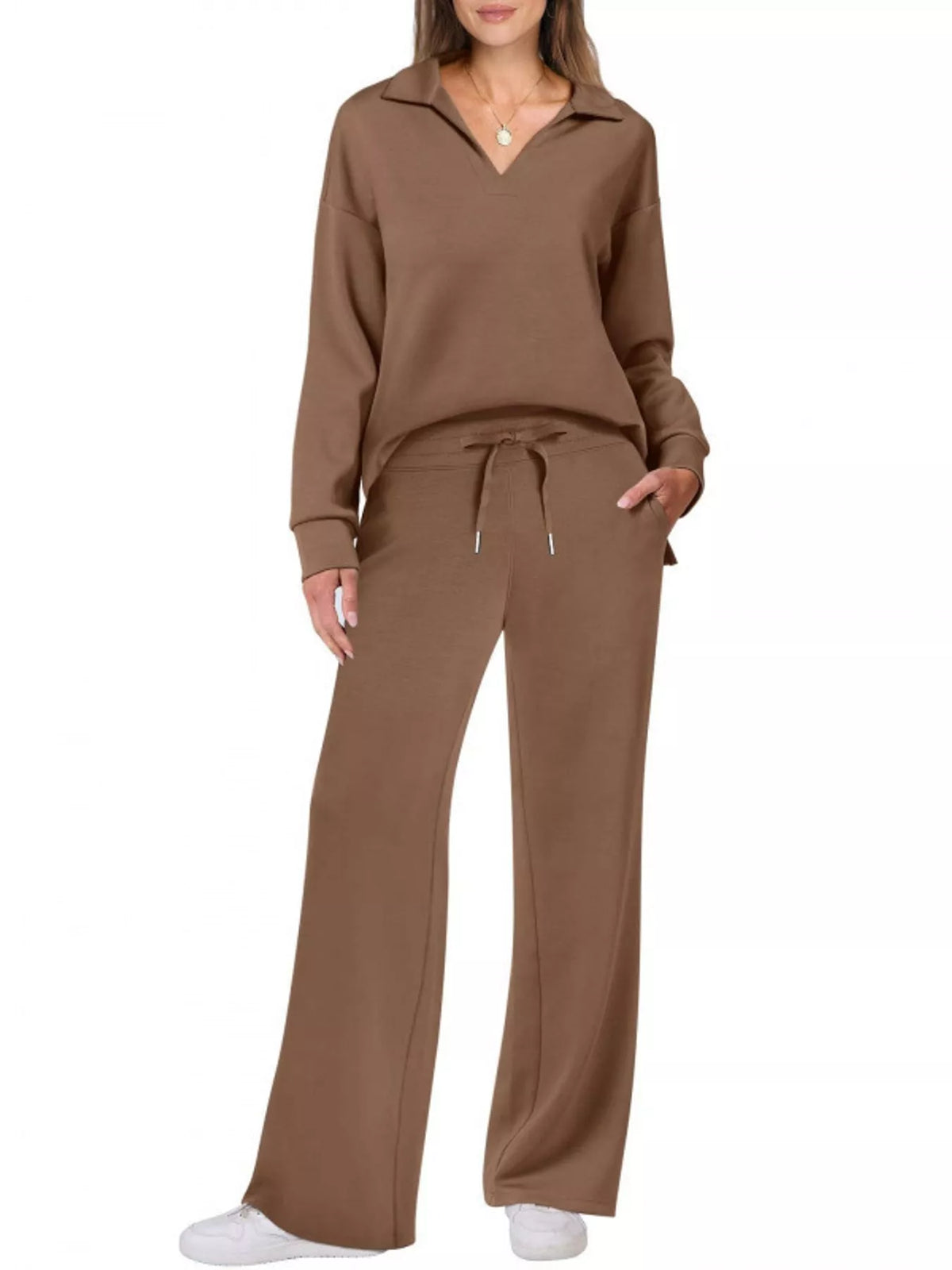 Top and drawstring pants set, brown front