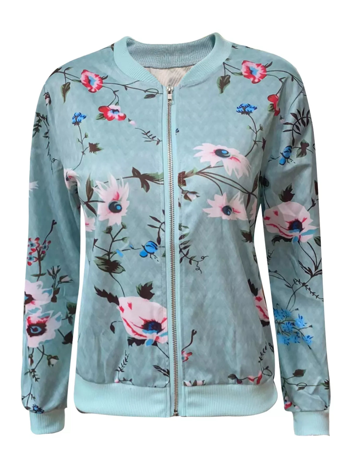 Light blue floral printed zip-up bomber jacket — front view