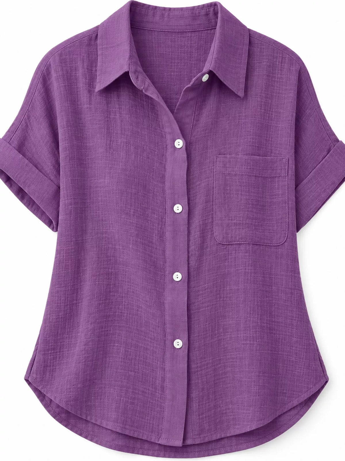 Women's Button Up Short Sleeve Shirt in purple — collar detail view