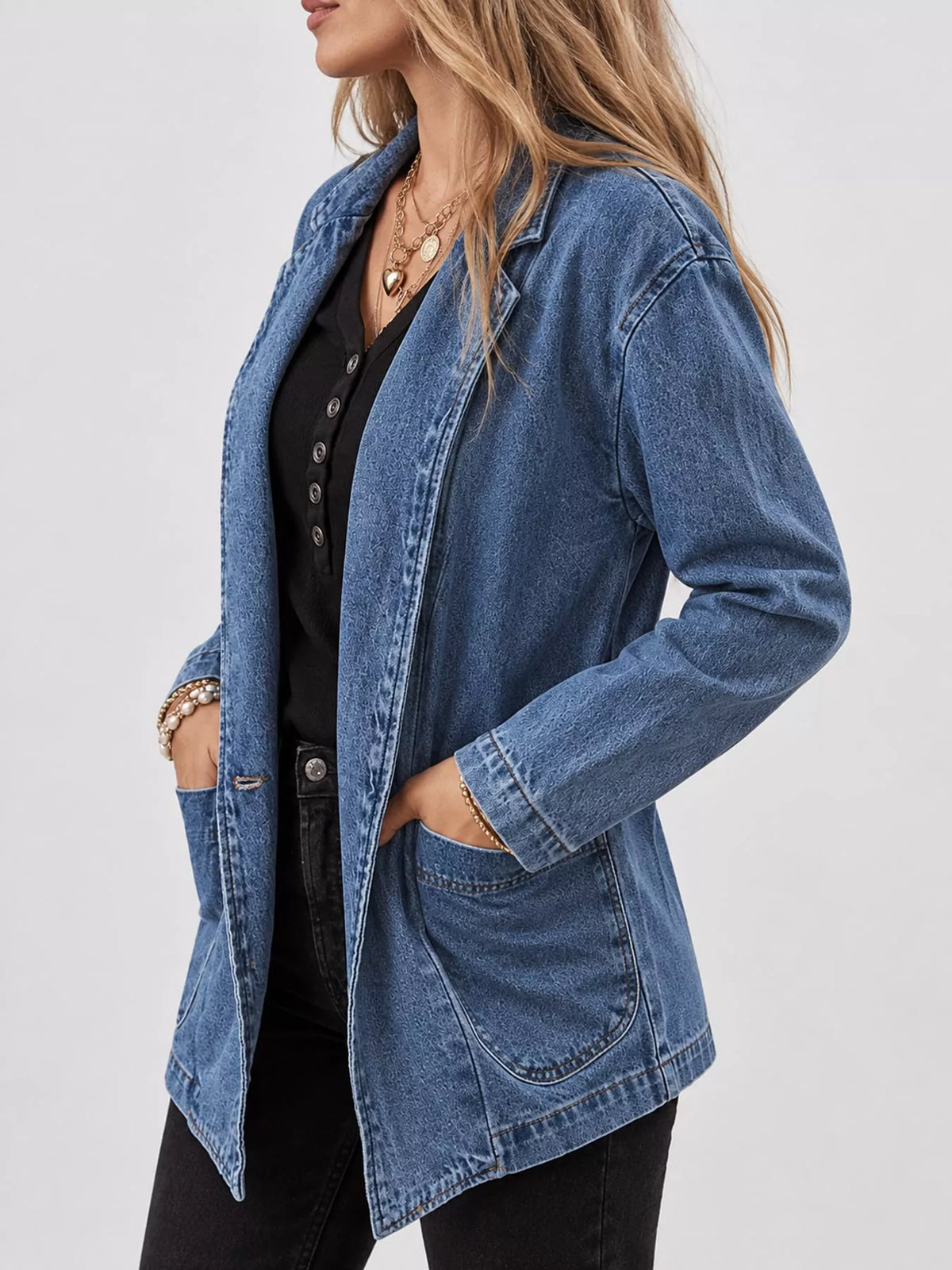 One-Button Denim Blazer Jacket, side view