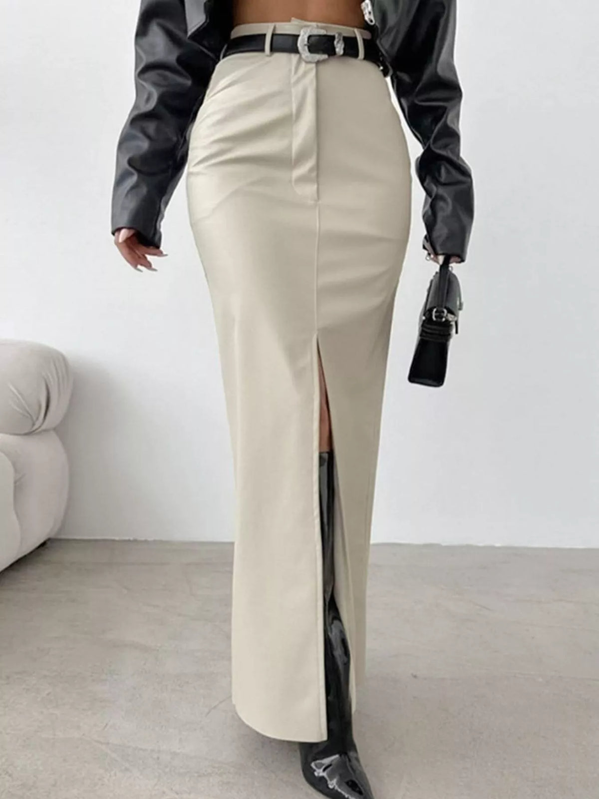 High-Waisted Faux Leather Maxi Skirt with Front Slit — front view