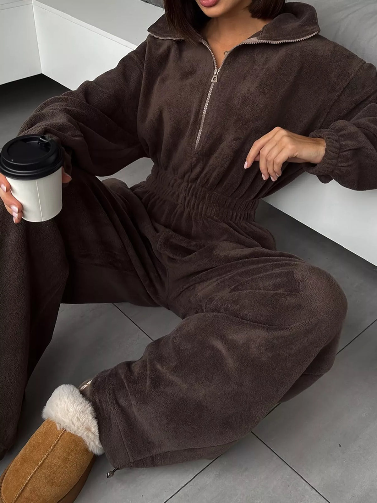 Zip Front Long Sleeve Jumpsuit — front view